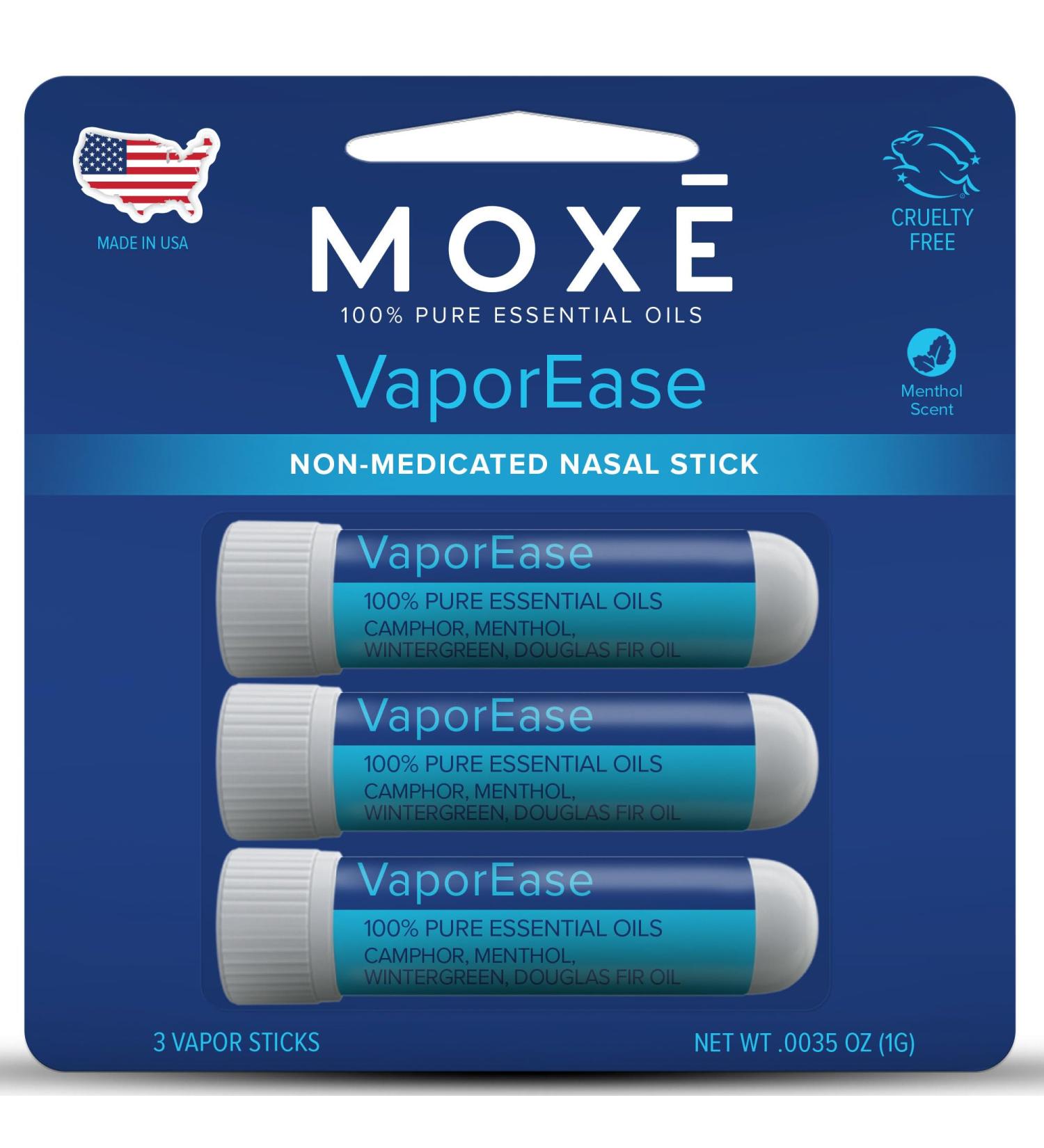 MOXE VaporEase Portable Nasal Inhaler On-The-Go Non-Medicated Made in USA Soothing and Refreshing Vapors Menthol Scent 3 Pack VaporEase 3 Pack - Buy Online on GoSupps.com