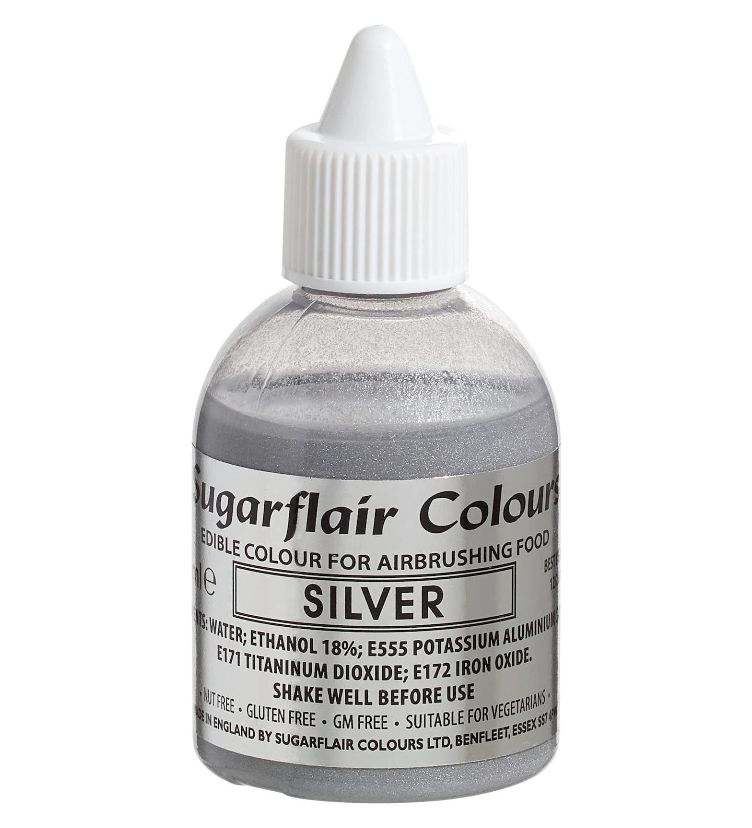 Sugarflair Silver Metallic Glitter Edible Airbrush Colour - Edible Food Colouring Airbrush Paint for Cakes Cupcakes Icing and Cake Decorations - 60ml Glitter Silver