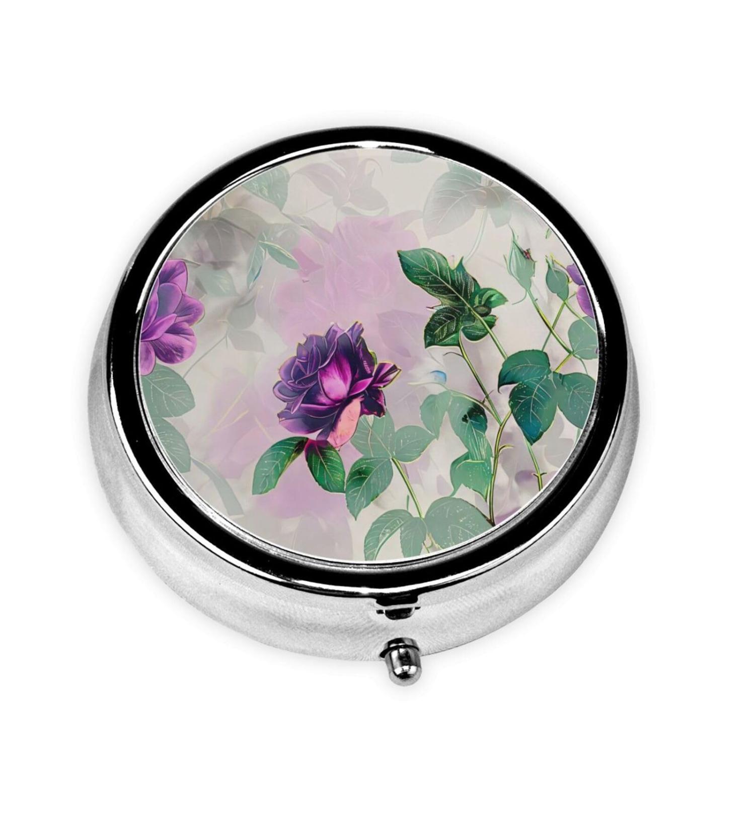 Purple Roses Portable Metal Pill Box - Round Mini 3-Compartment Travel Case for Small Pills | Hinged Design | Perfect for On-the-Go - Buy Online on GoSupps.com