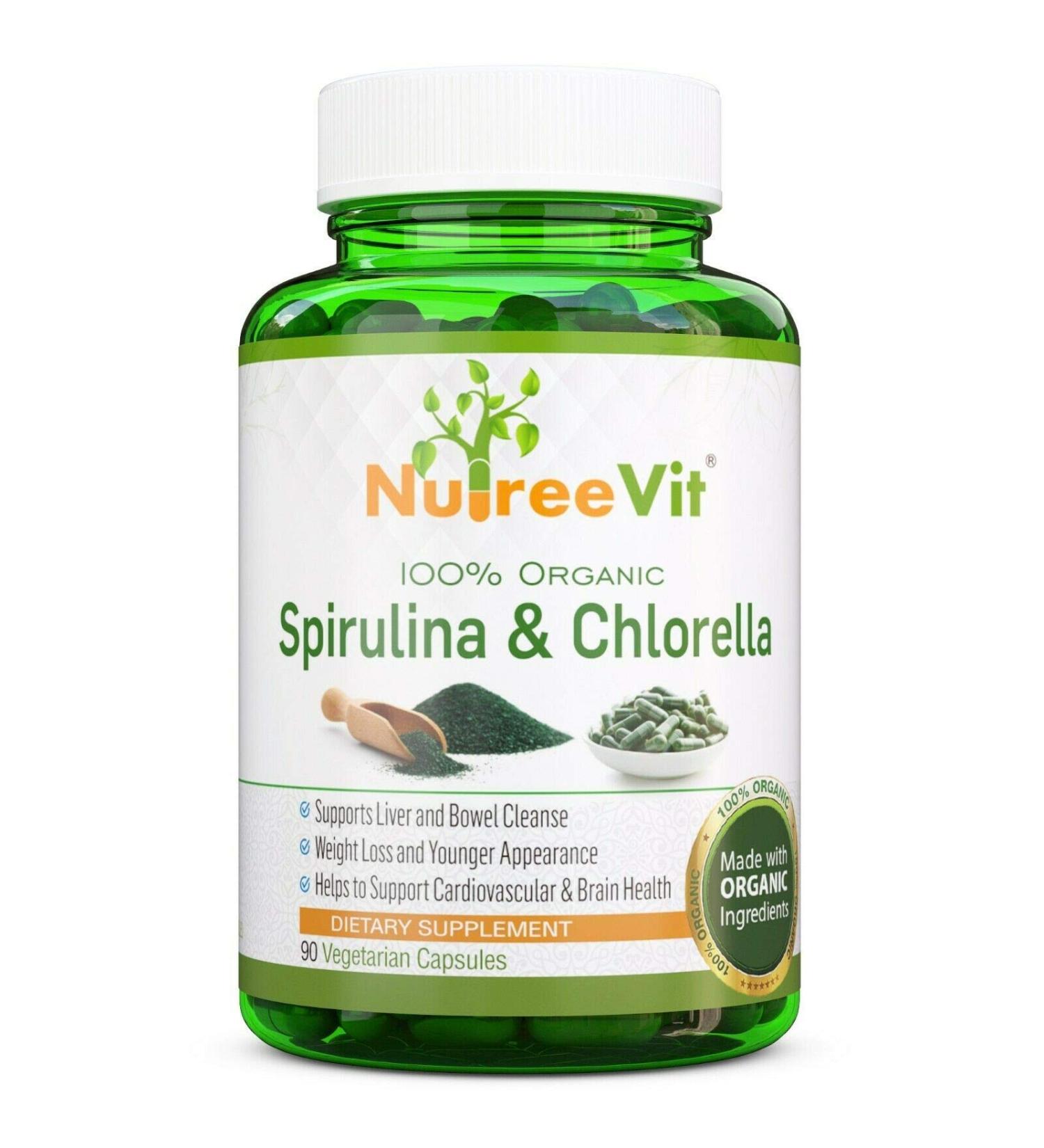 NutreeVit Pure Organic Spirulina & Chlorella Extract Veggie Capsules (500mg) (500-Bottle)