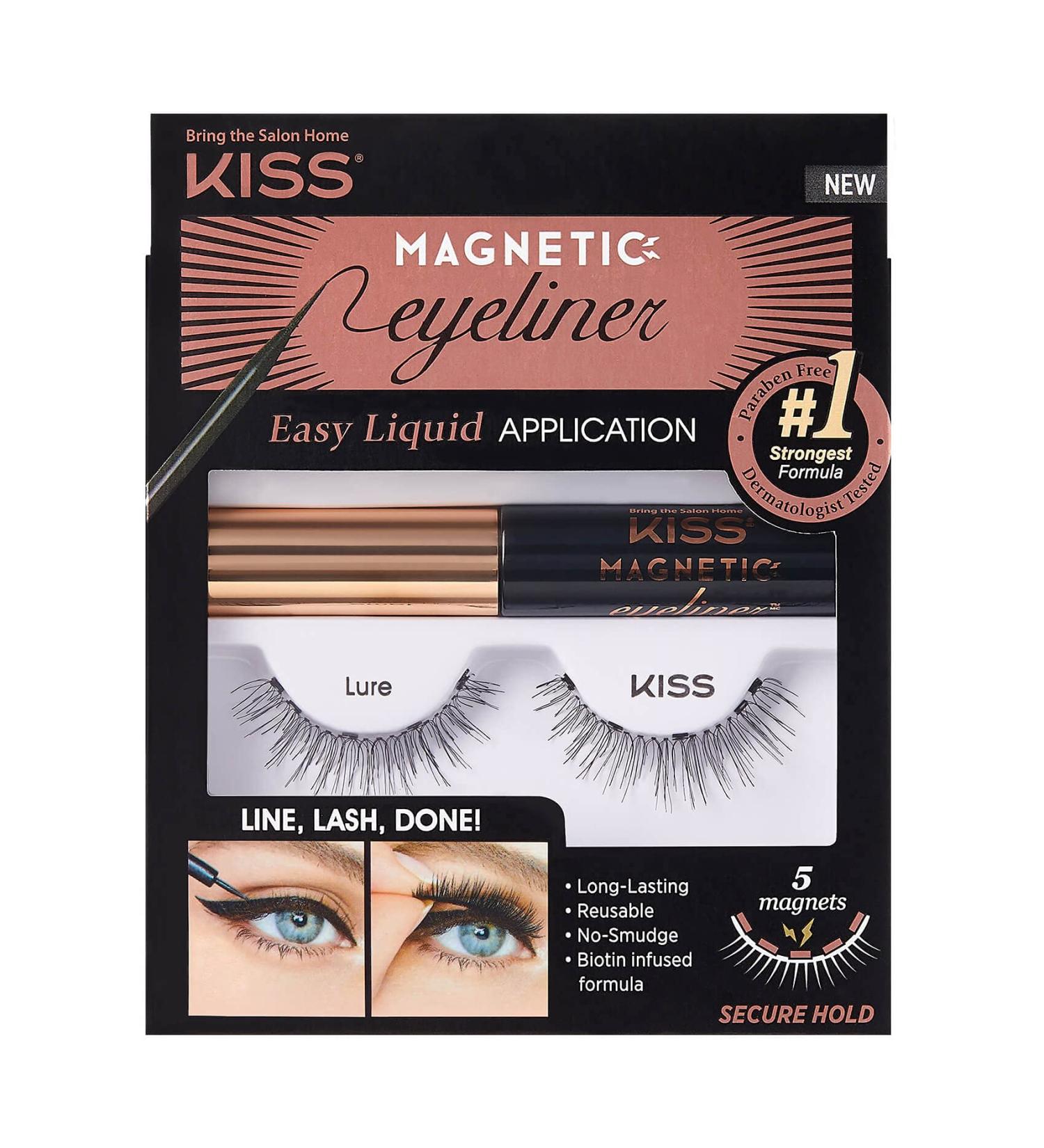 Magnetic Eyeliner & Lash Kit - KISS Lure, 1 Pair Synthetic False Eyelashes with 5 Double Strength Magnets, Smudge Proof Biotin Infused Black Eyeliner, Precision Tip Brush - 2 Piece Set - Buy Online on GoSupps.com