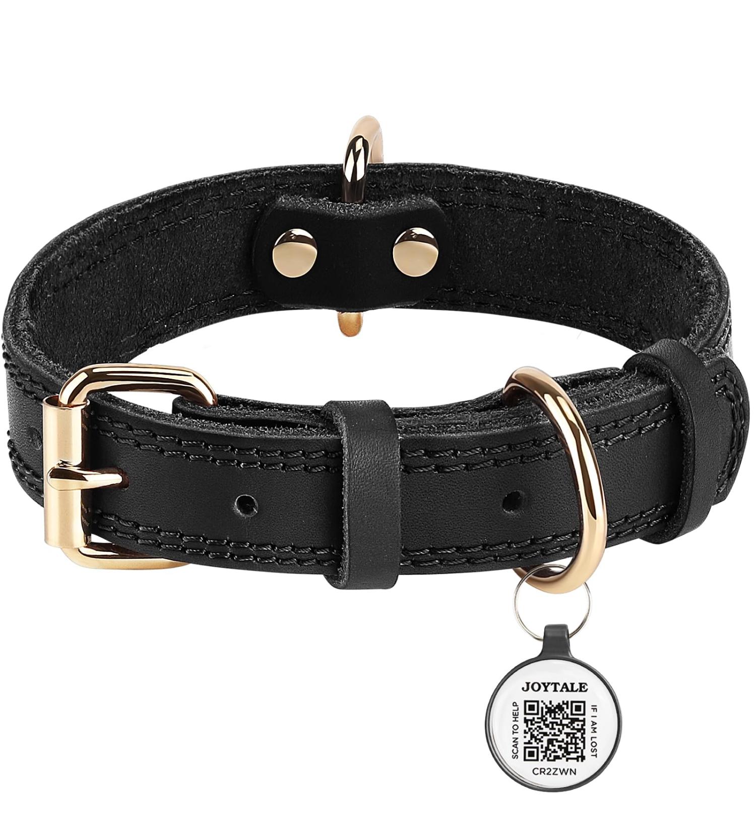 Joytale Leather Dog Collar with QR ID - Durable & Adjustable for Medium Dogs (30-39cm) - Soft Real Leather - Stylish Black - Buy Online on GoSupps.com
