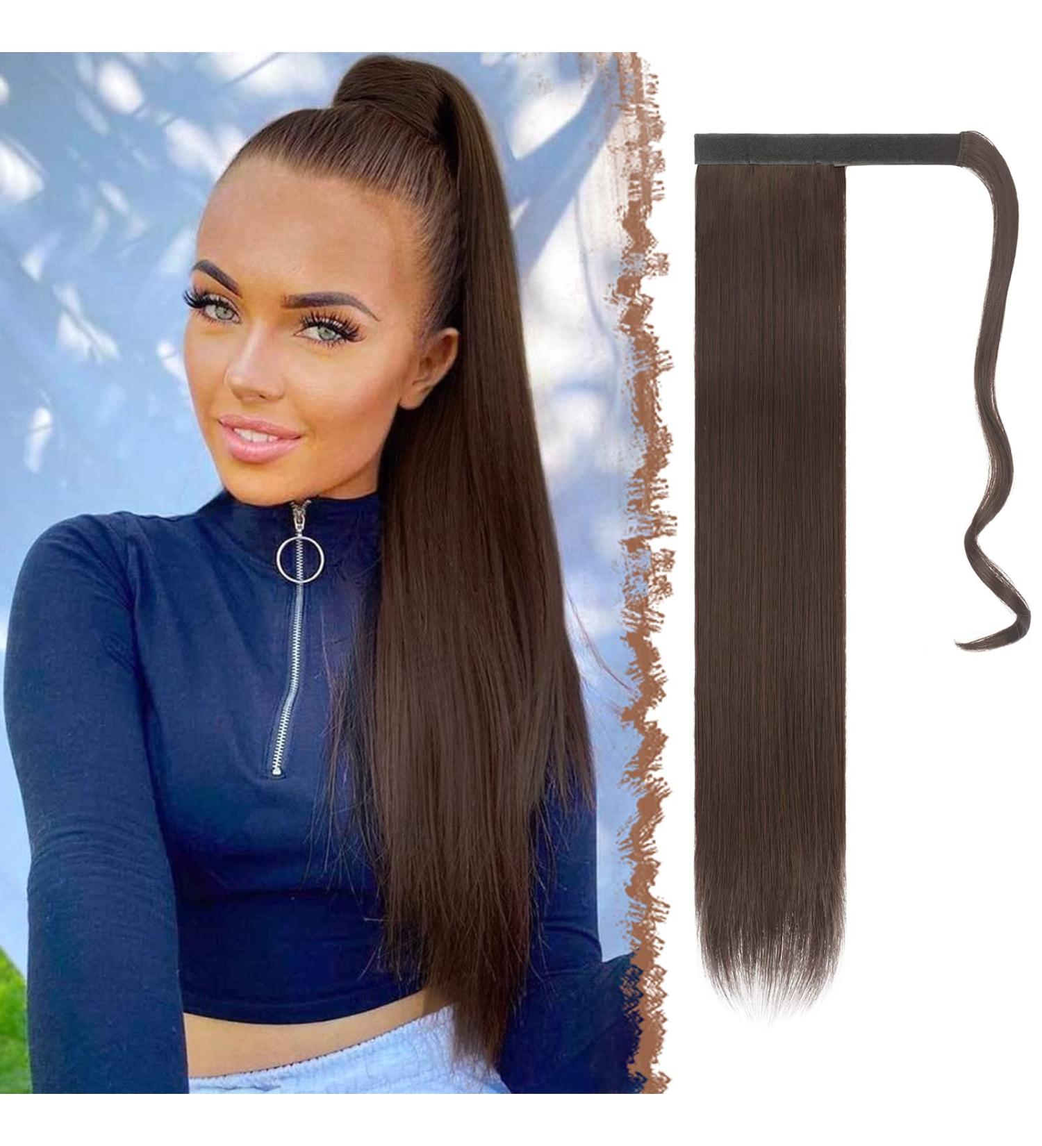 FESHFEN Straight Ponytail Extensions Long Wrap Around Ponytail Synthetic Clip in Pony Tail Hair Extensions Reddish Dark Brown Hairpiece for Women 24 inch 24 inch (Pack of 1) Reddish Dark Brown - Buy Online on GoSupps.com