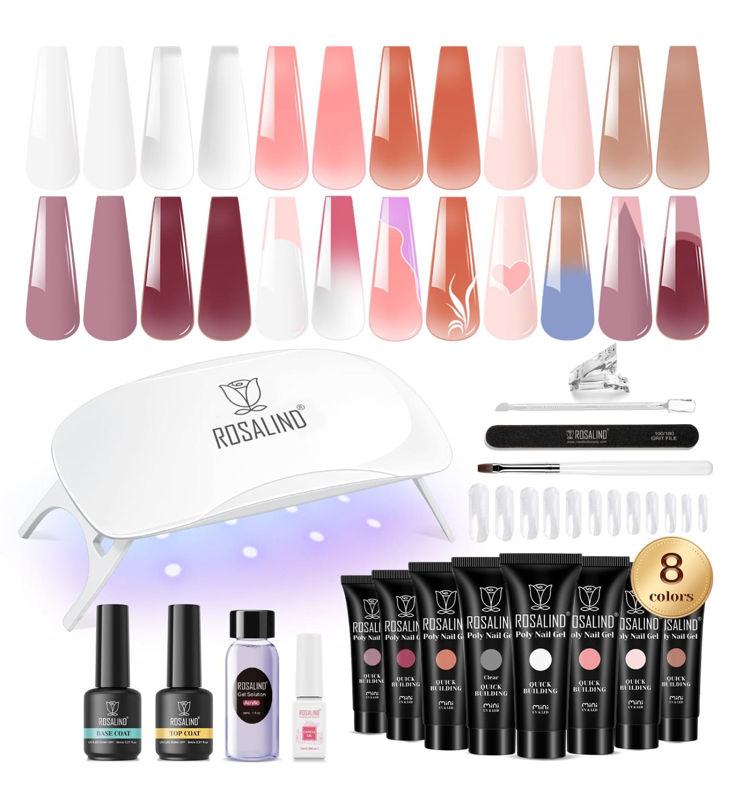 ROSALIND Poly Nail Gel Kit - 8 Colors + White & Brown Nail Art Accessories | Clear Nude Starter Set with Slip Solution & Mini UV Lamp - Buy Online on GoSupps.com