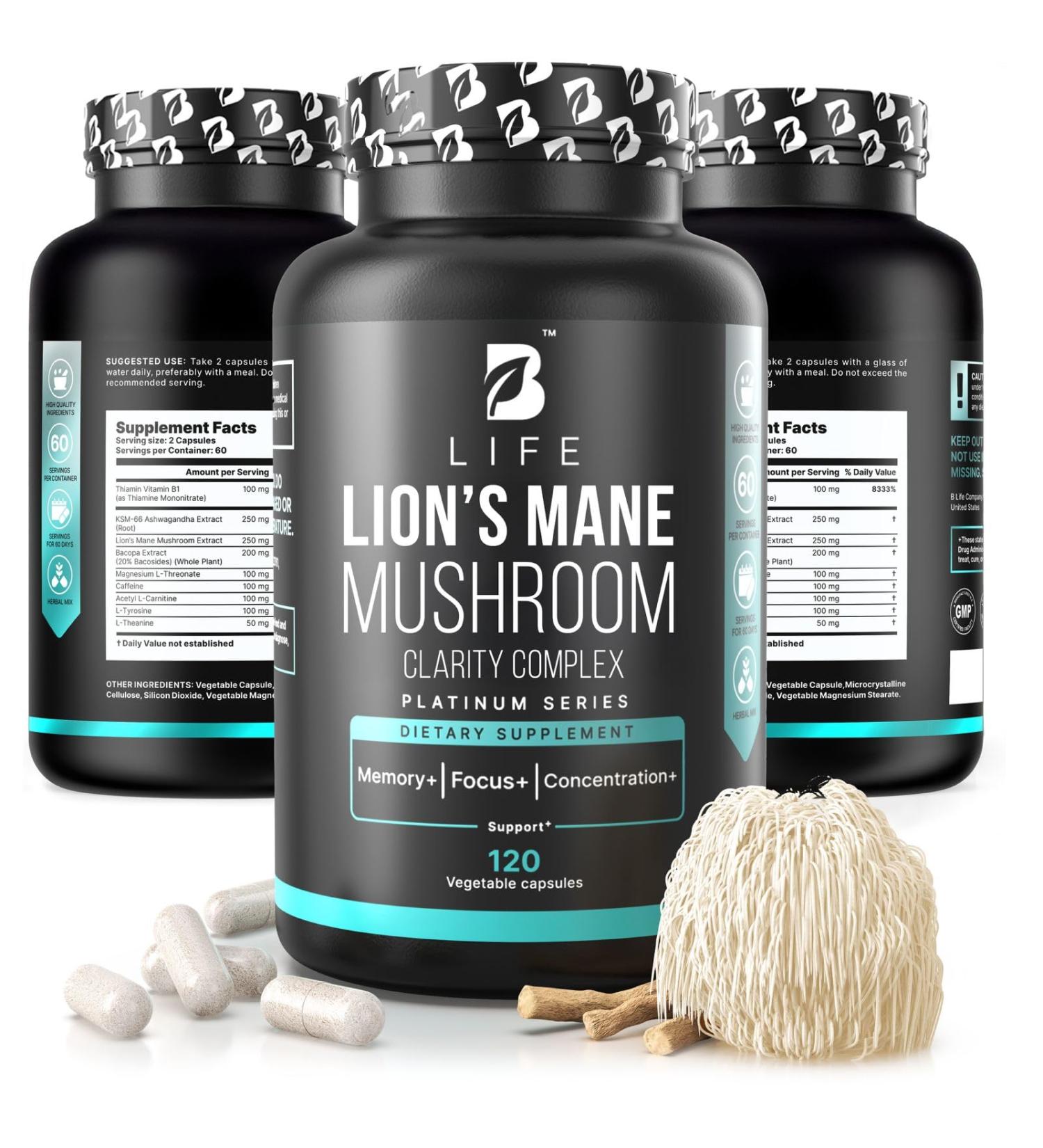 Lion s Mane Mushroom Capsules Memory Focus & Clarity Nootropic Brain Supplement with Ashwagandha Thiamin (B1) Magnesium L-Threonate Cognitive and Brain Support for Mental Energy 120 Caps 120 Count (Pack of 1) - Buy Online on GoSupps.com