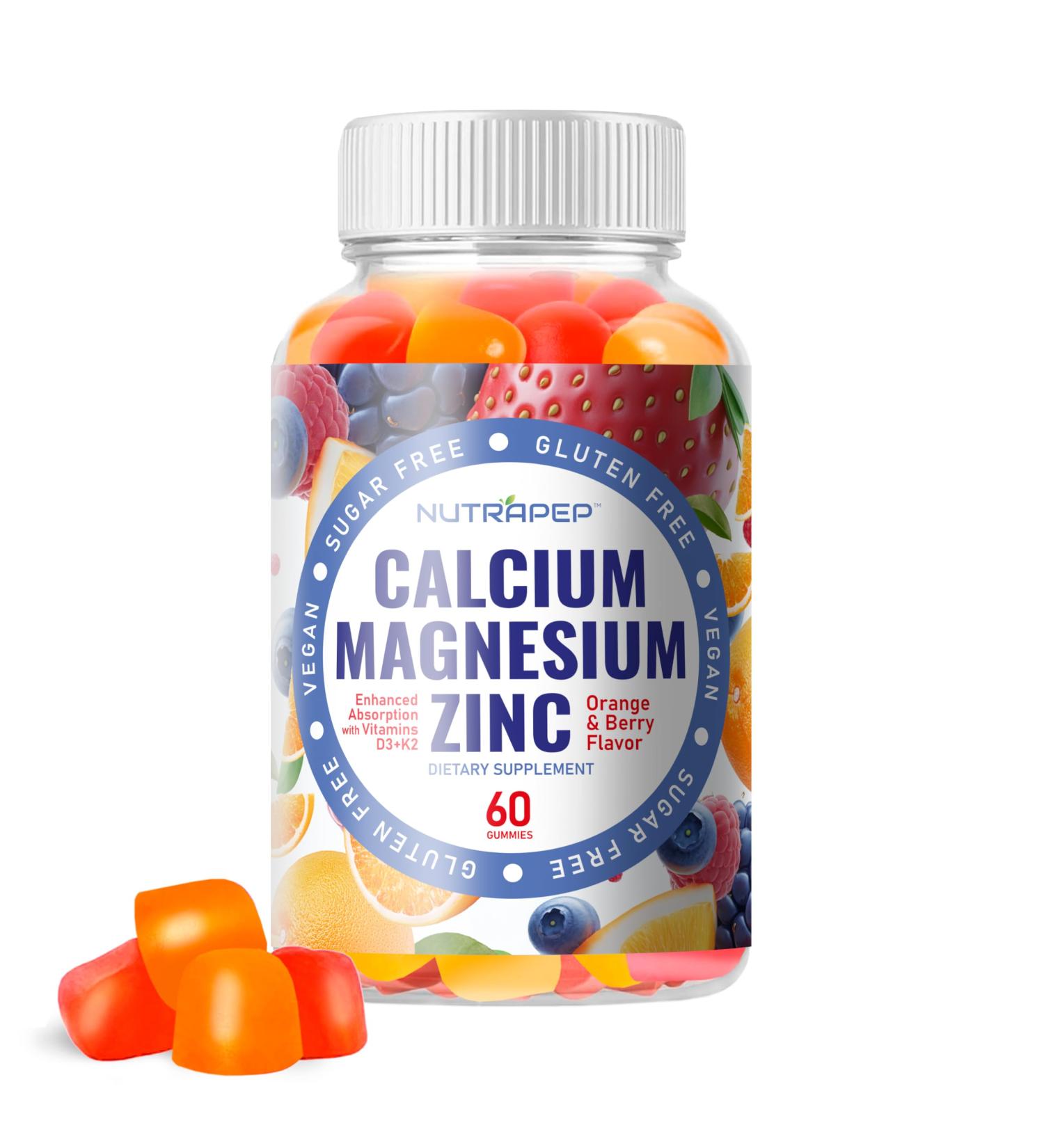 NutraPep Calcium Magnesium Zinc Supplement Gummies - with Vitamin D3 K2 Magnesium Glycinate - Orange Berry Flavored Vegan Sugar-Free Gluten Free Chewable for Men Women Kids - Buy Online on GoSupps.com