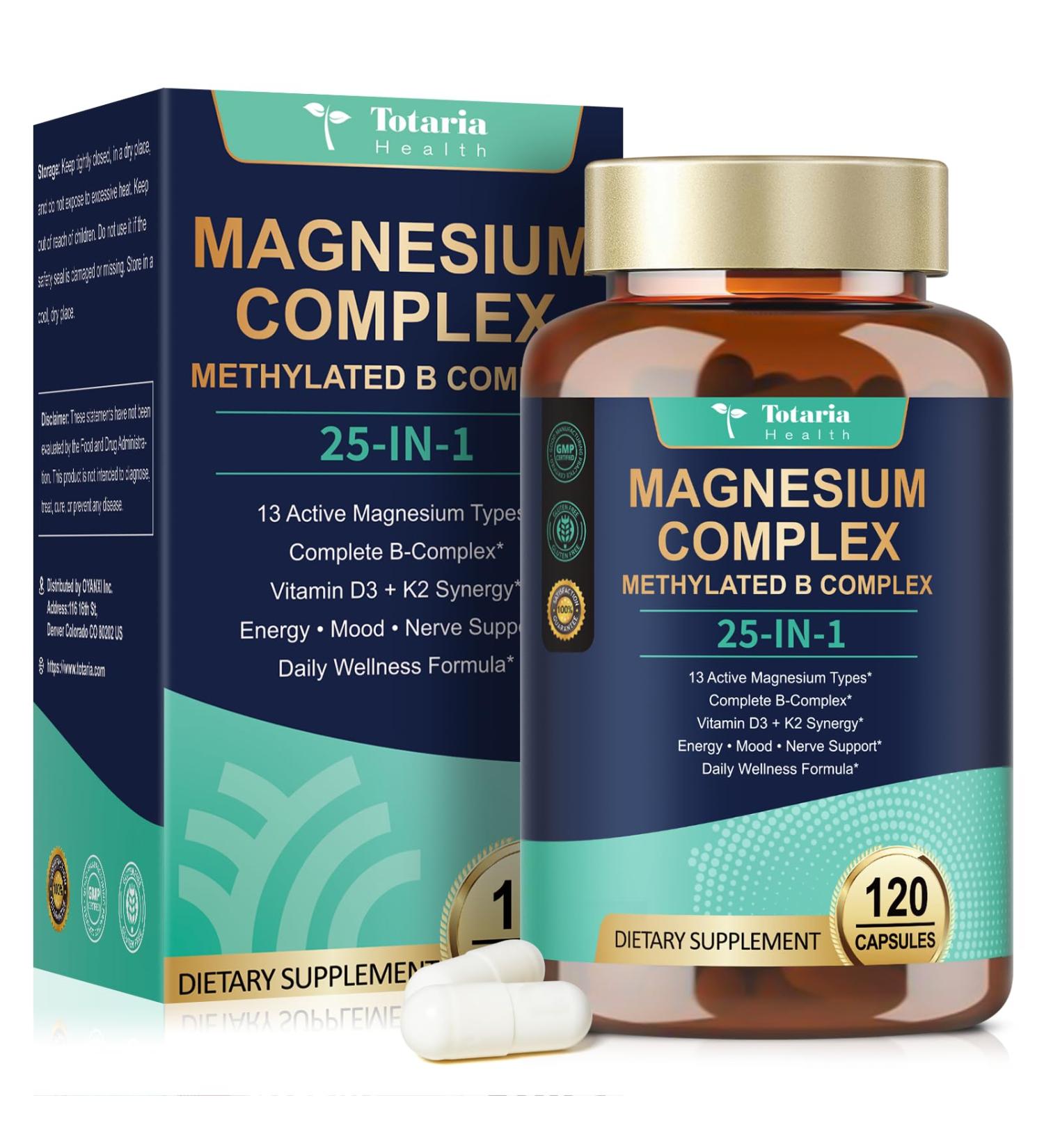 25-in-1 Magnesium Complex with Methylated B Complex Magnesium Glycinate Citrate Malate Taurate Gluconate Aspartate Carbonate D3 K2 Magnesium Supplement for Relaxation Energy & Nerve 120 Vegan Caps 120 Count (Pack of 1) - Buy Online on GoSupps.com