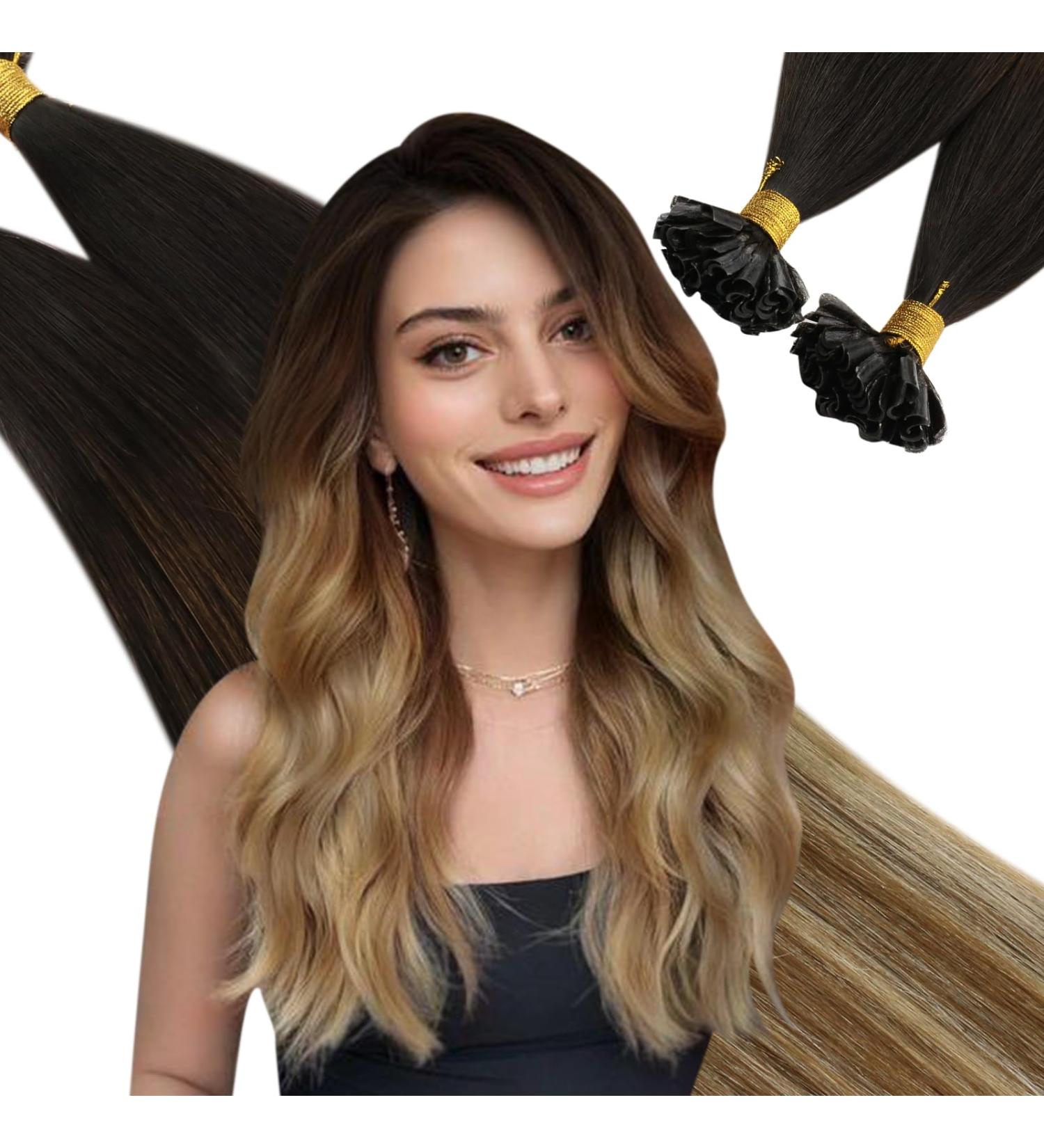 Ugeat Real Hair Extensions - Dark Brown to Chestnut Brown & Light Blonde Ombre U-Tip Keratin Extensions 45cm 50g 18 Inch #4/6/613 - Buy Online on GoSupps.com