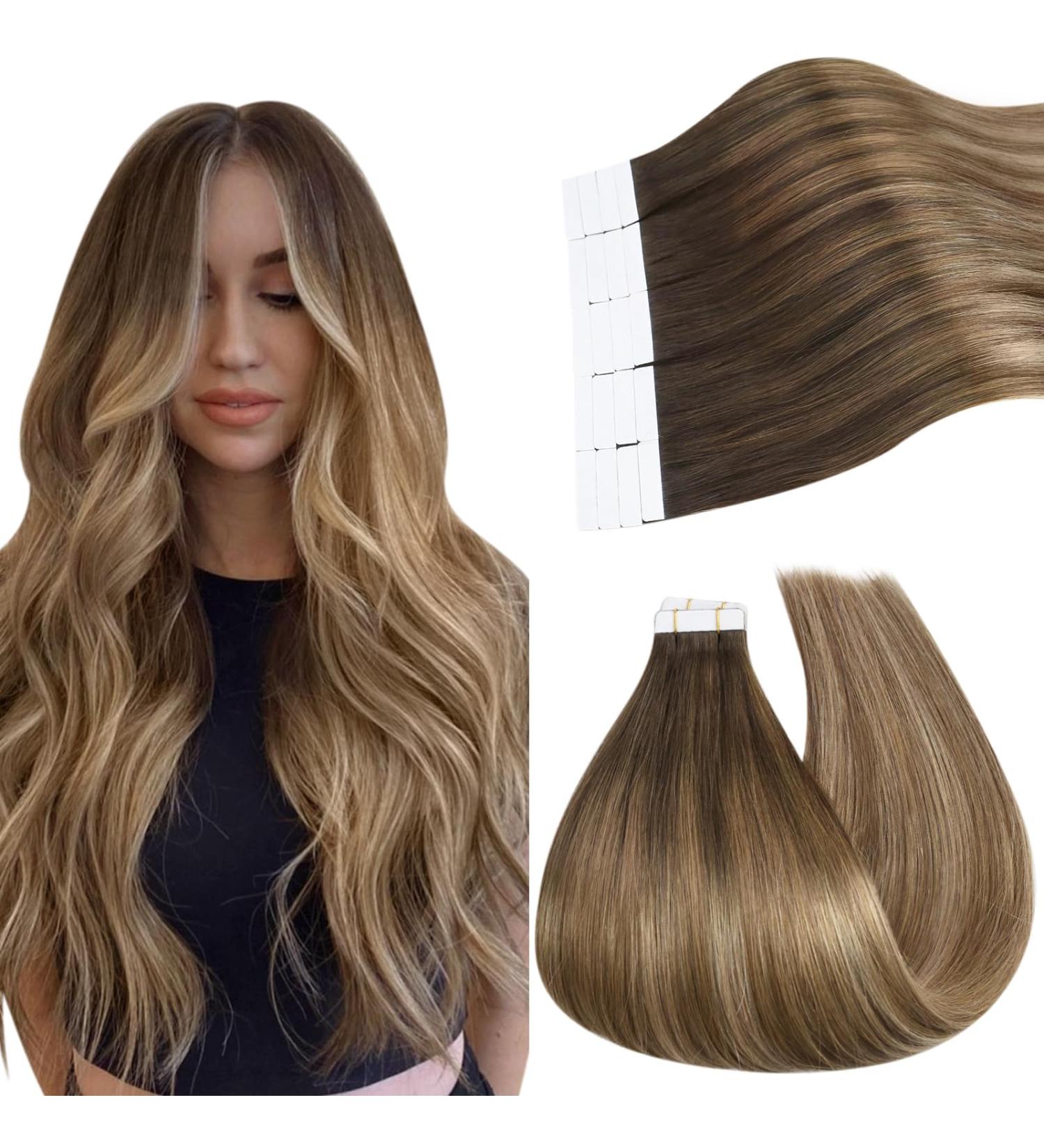 Ugeat Chocolate Brown to Golden Brown Balayage Tape Extensions | Real Hair | 20 Pieces 35 cm 40g #4/10/16 - Buy Online on GoSupps.com