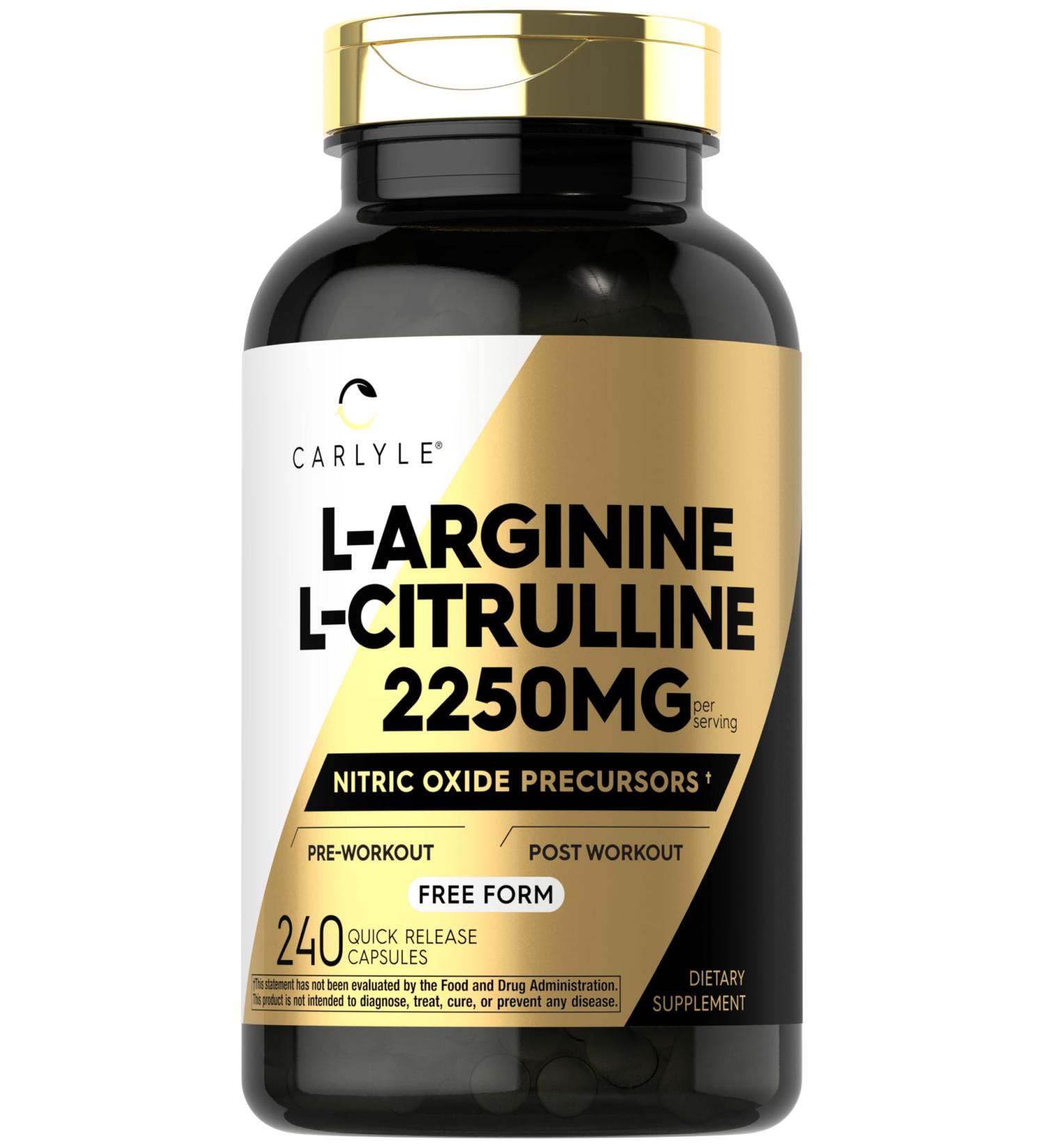 Carlyle L-Arginine L-Citrulline Supplement | 2250mg | 240 Powder Capsules | Nitric Oxide Precursors | Free Form | Non-GMO & Gluten Free - Buy Online on GoSupps.com