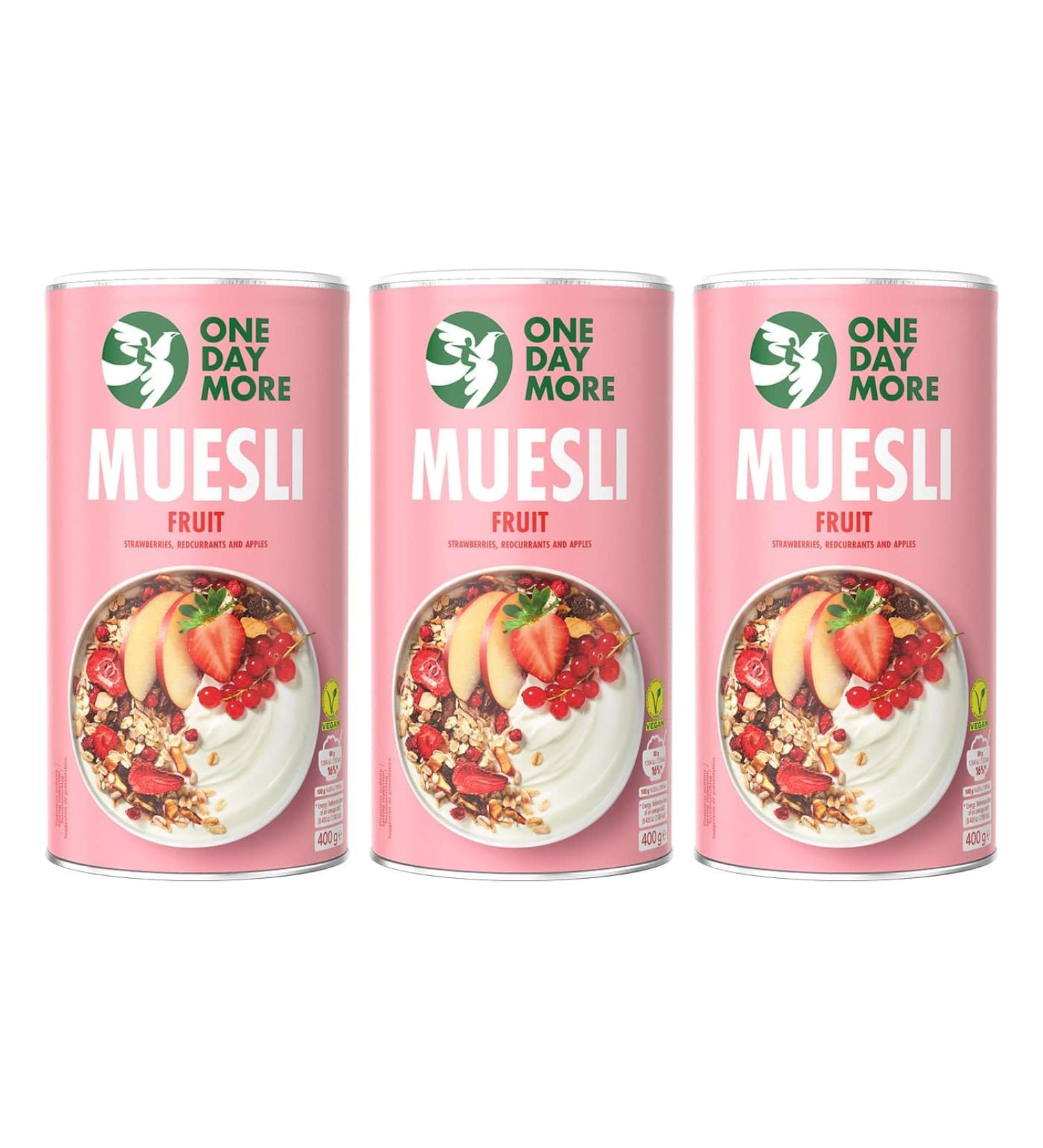 OneDayMore Muesli aux Fruits | 3 x 400 g | Flocons d avoine 100% naturels | Sans sucre ajout | Petit-d jeuner sain avec flocons d avoine pommes fraises et dattes - Buy Online on GoSupps.com