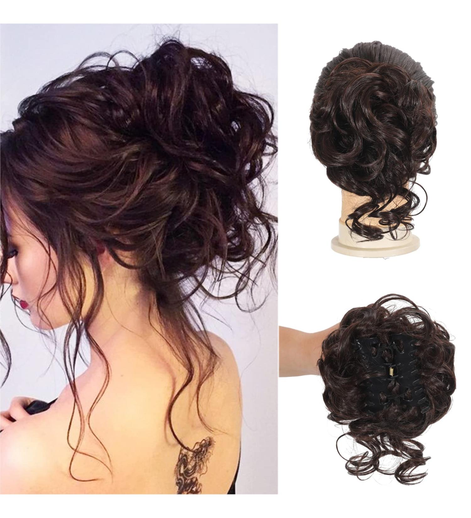 Claw Messy Bun Hairpiece Clip - Wavy Curly Chignon for Women & Girls Dark Brown - Buy Online on GoSupps.com