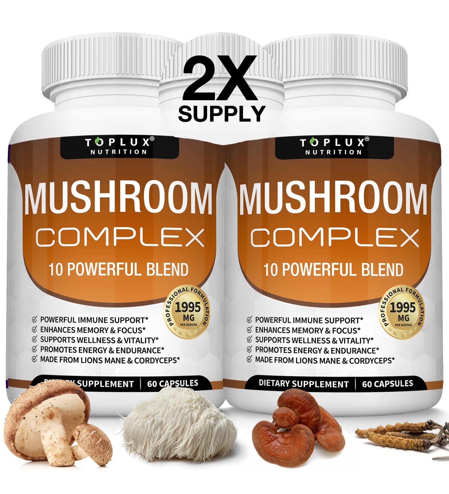 Toplux Mushroom Supplement 60 Capsules - Organic Lions Mane, Cordyceps, Reishi, Chaga Blend for Immune Support, Memory, Focus, Energy - Men & Women - Buy Online on GoSupps.com