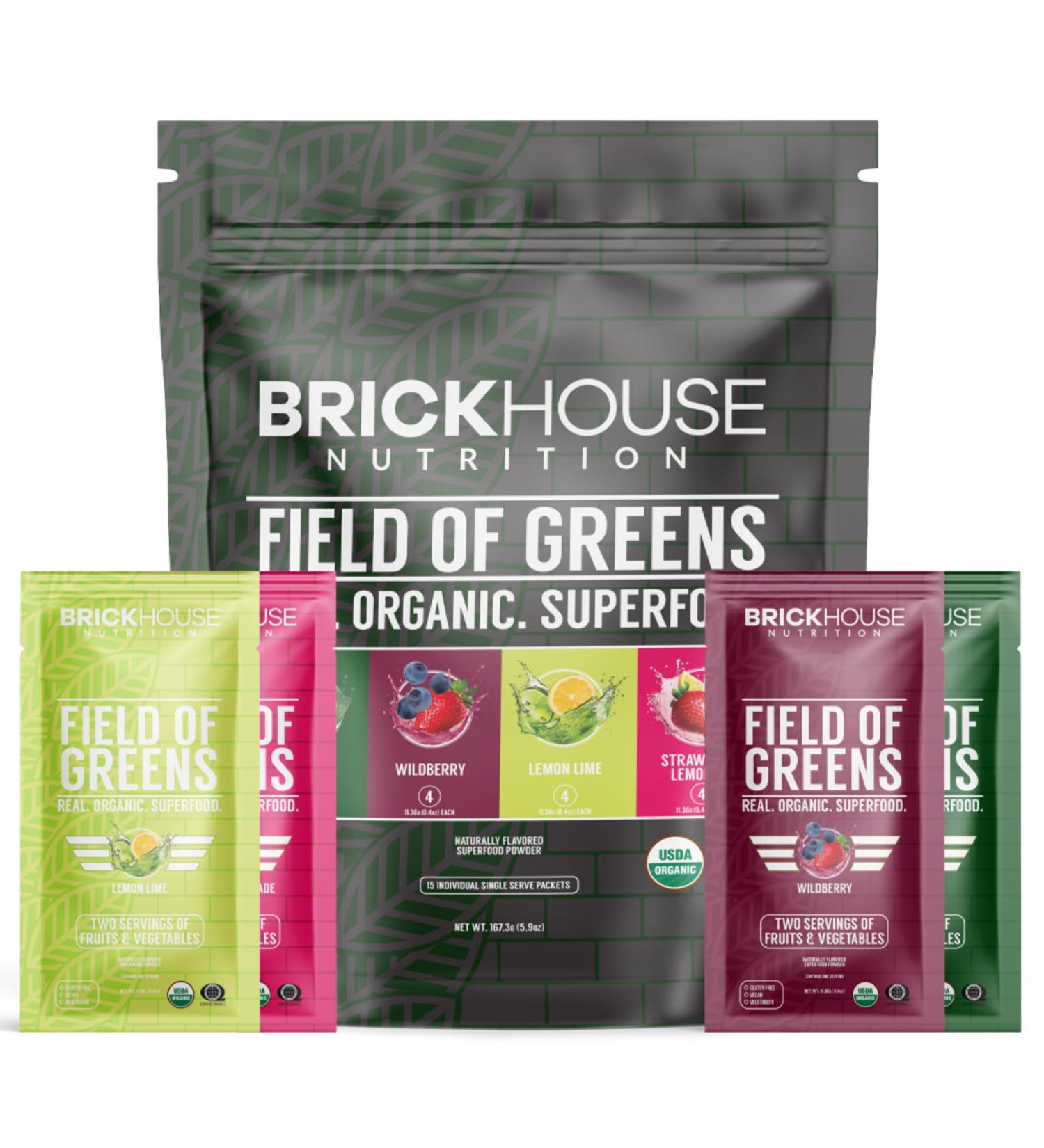 BRICKHOUSE NUTRITION Field of Greens Super Greens Powder | Doctor-Formulated Superfood Powder, Fruits & Veggies Supplement - Variety (1 Travel Pack)