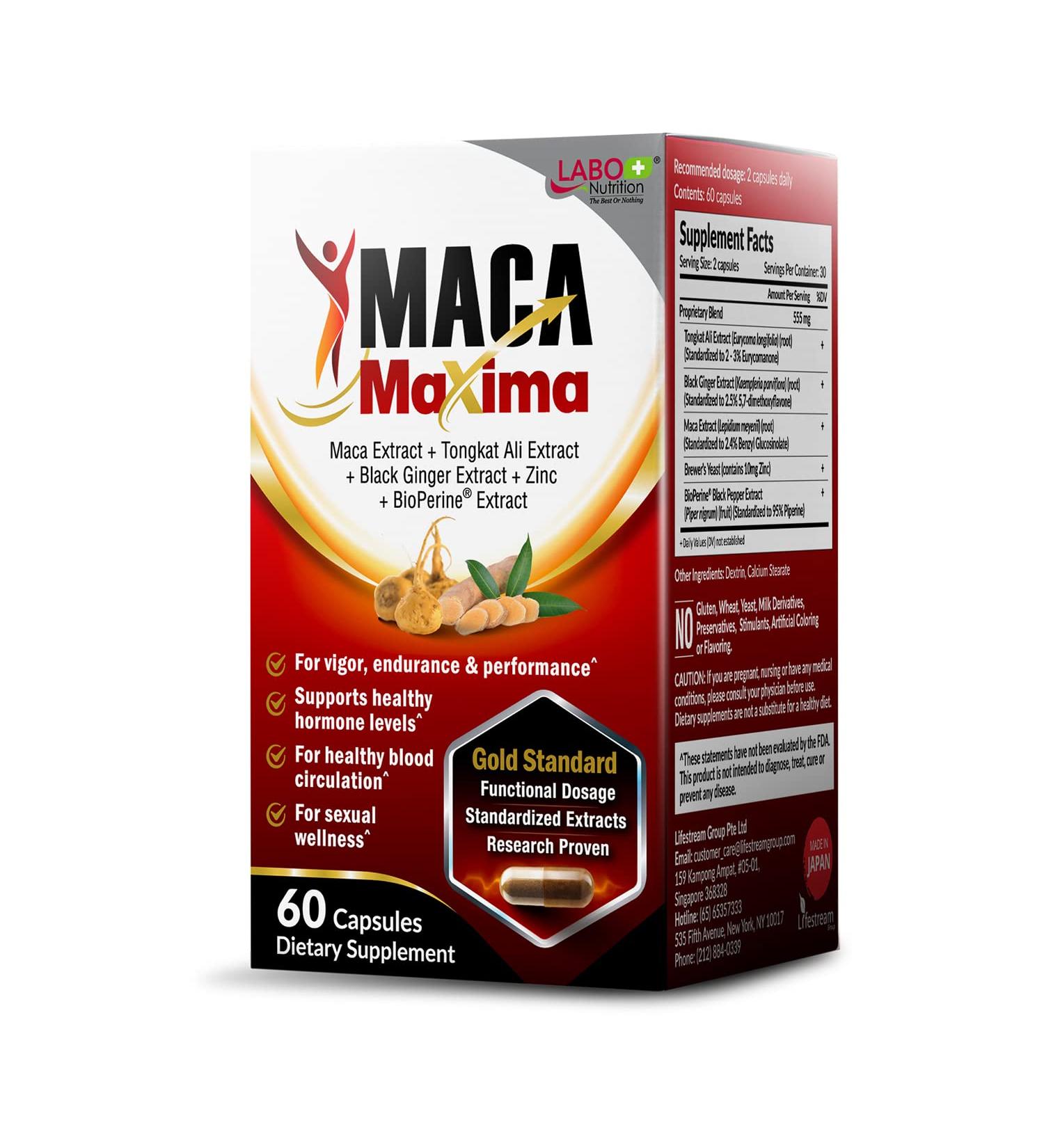 LABO Nutrition MacaMaxima Peruvian Maca Root Tongkat Ali Black Ginger Zinc and Black Pepper Extract Supplement for Men and Women Supports Reproductive Health Energy Stamina- Non-GMO Vegan Pills - Buy Online on GoSupps.com