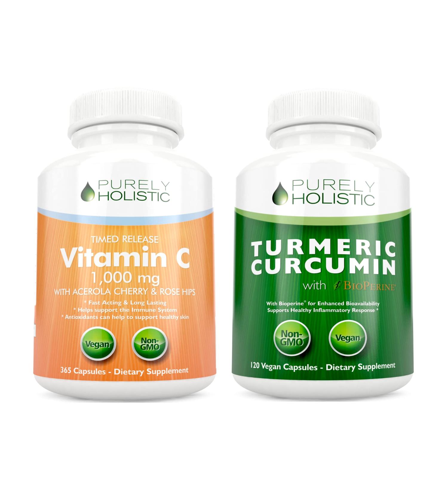 Purely Holistic Vitamin C 1000mg + Organic Turmeric Curcumin 700mg & Bioperine - 365 + 120 Capsules - Vegan Bundle - with Rosehip & Acerola Cherry - Made in USA - Buy Online on GoSupps.com