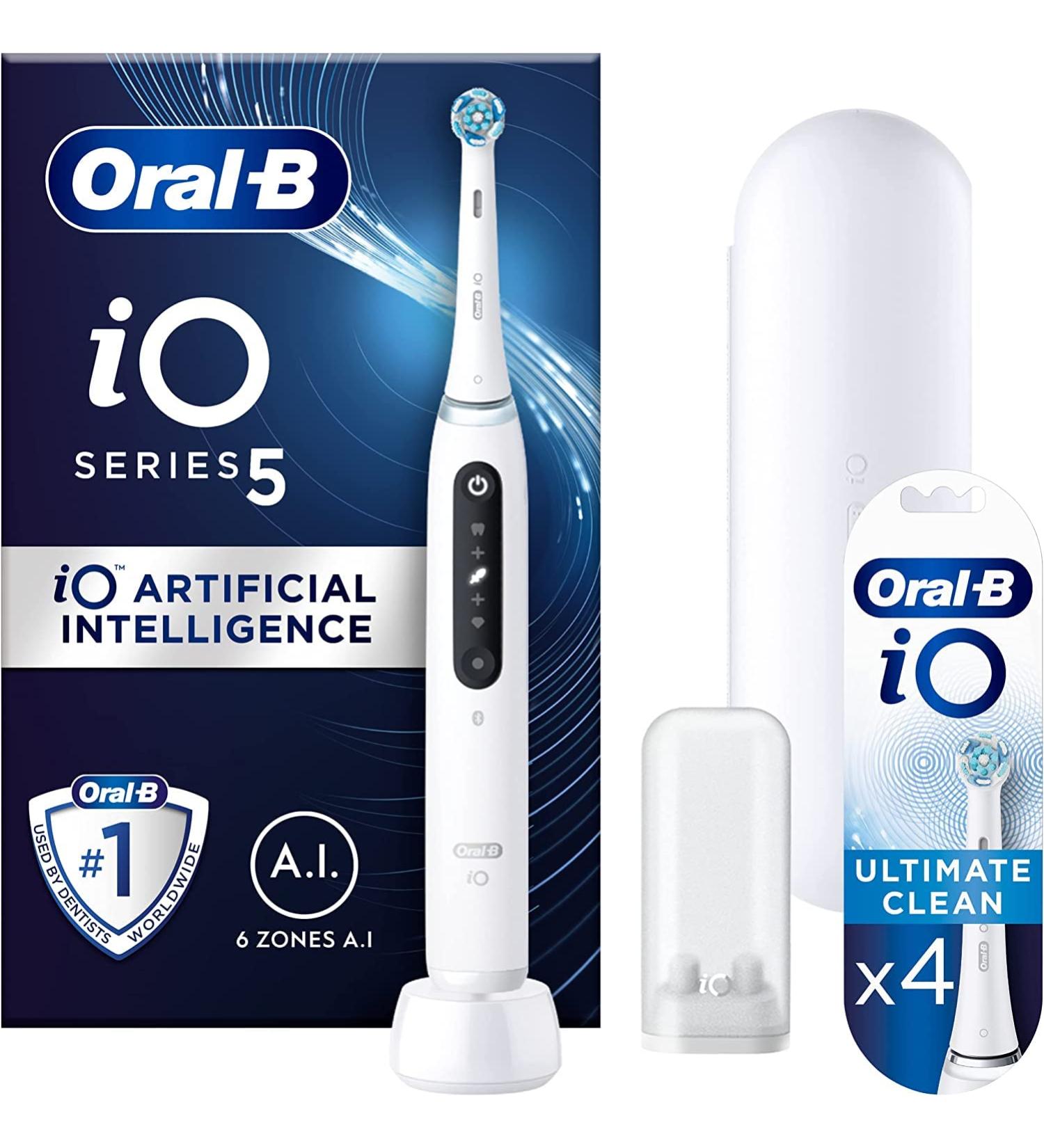 Oral-B iO5 Electric Toothbrush With Artificial Intelligence Gifts For Women / Men 1 Toothbrush Head & Travel Case 5 Modes Teeth Whitening UK 2 Pin Plug White + 4 Ultimate Clean Toothbrush White + Refills - Buy Online on GoSupps.com