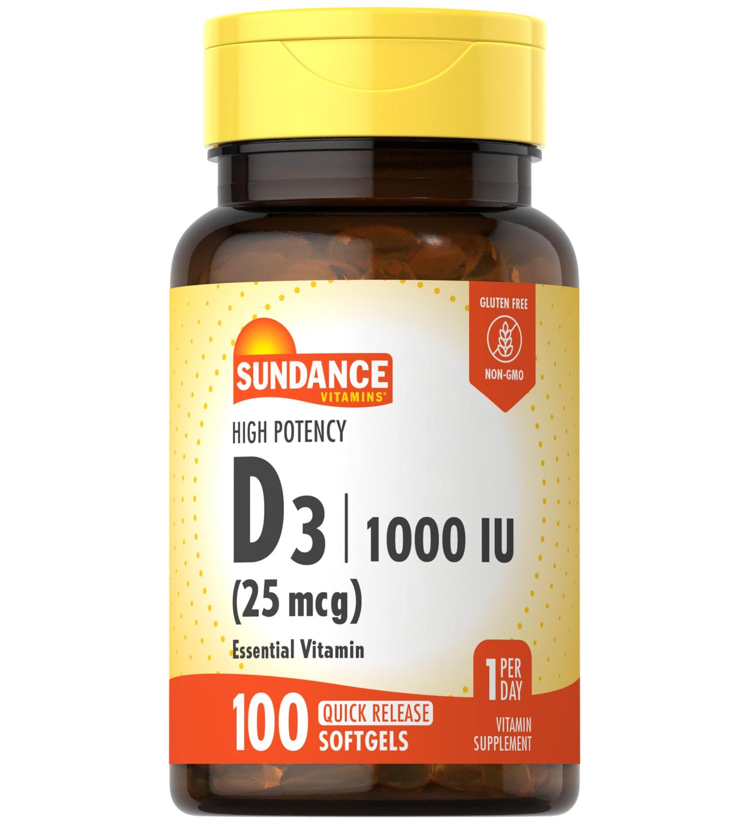 Sundance Vitamin D3 1000 IU (25 mcg) - 100 Softgels | High Potency Non-GMO Gluten Free Supplement - Buy Online on GoSupps.com