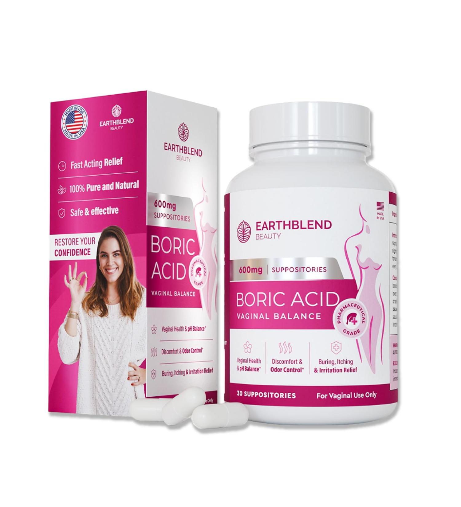 Boric Acid Suppositories for Women - 600mg - 30 Count | pH Balance Odor Freshness Yeast Support | Doctor Recommended Feminine Care | Made in USA - Buy Online on GoSupps.com