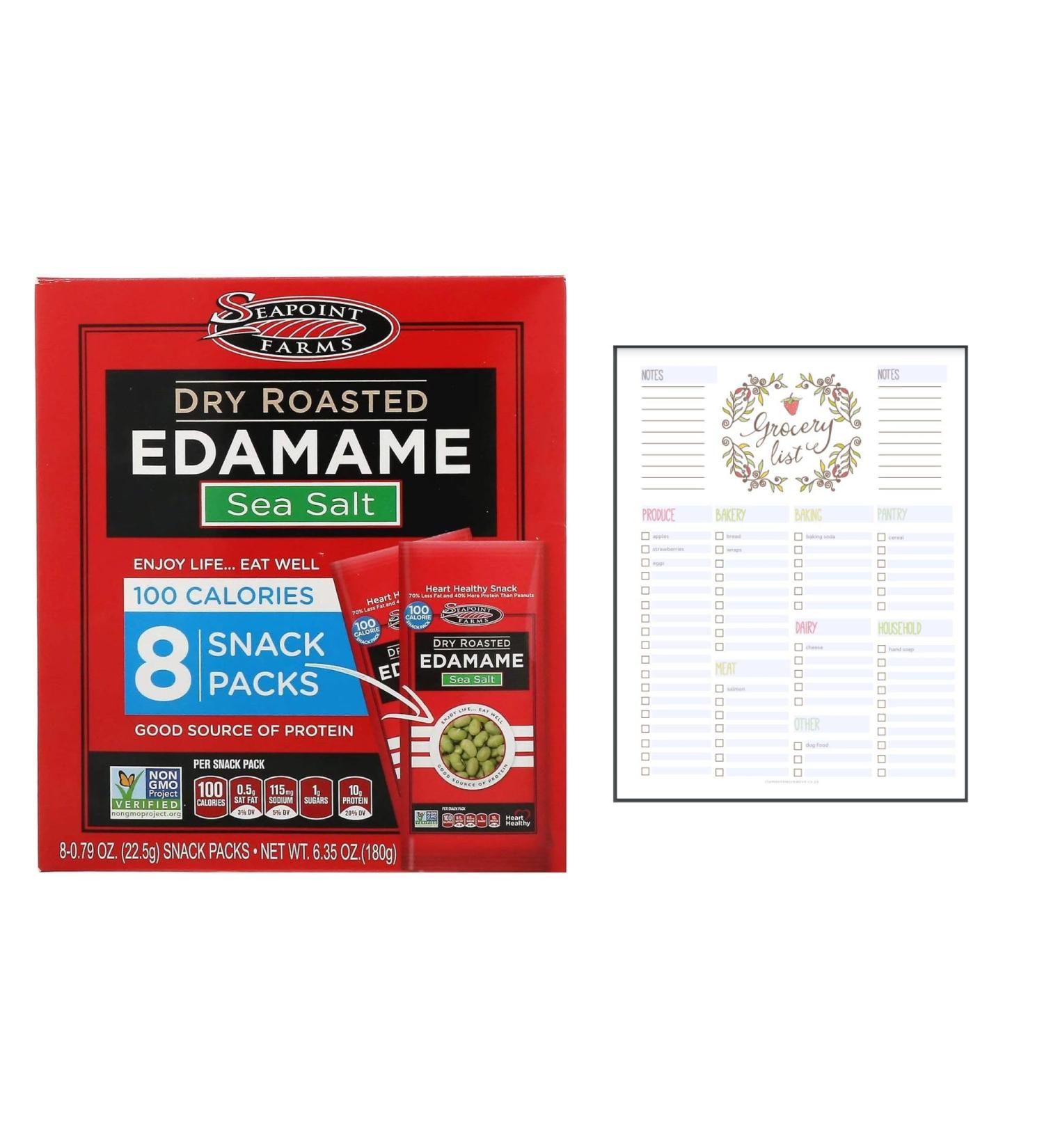 Roasted Edamame Beans Bundle which Contains Seapoint Farms Dry Roasted Edamame - Rich in Protein Vegan Gluten Free Sea Salt Flavour - 22.5 g 8 Snack Packs and Grocery List Card - Buy Online on GoSupps.com