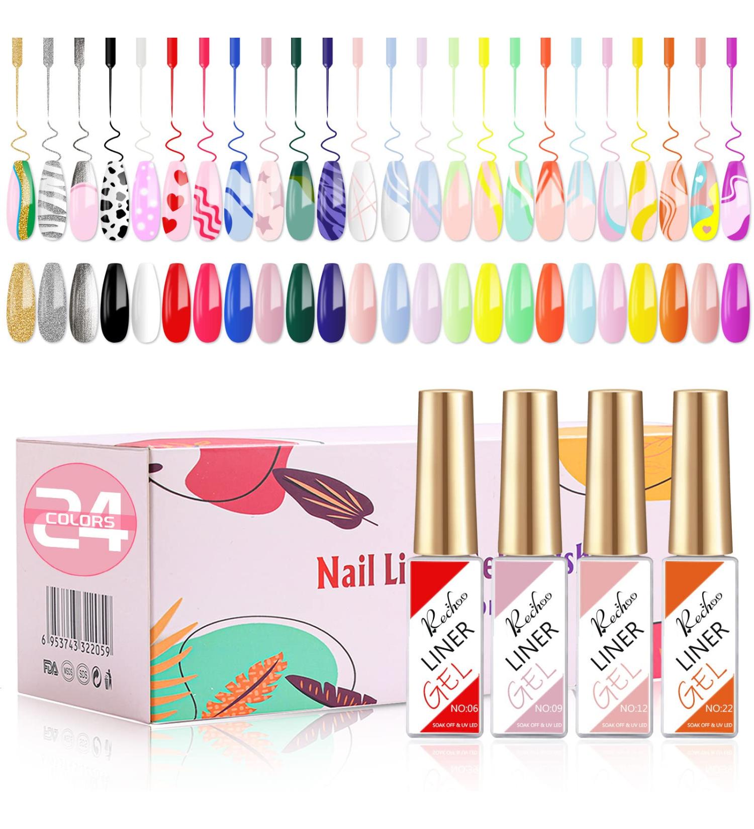 Rechoo Liner Gel Nail Polish Set - 24 Rainbow Colors for French Manicure & Nail Art | Soak-Off UV Gel Paint Kit for DIY Nail Salon at Home - Buy Online on GoSupps.com