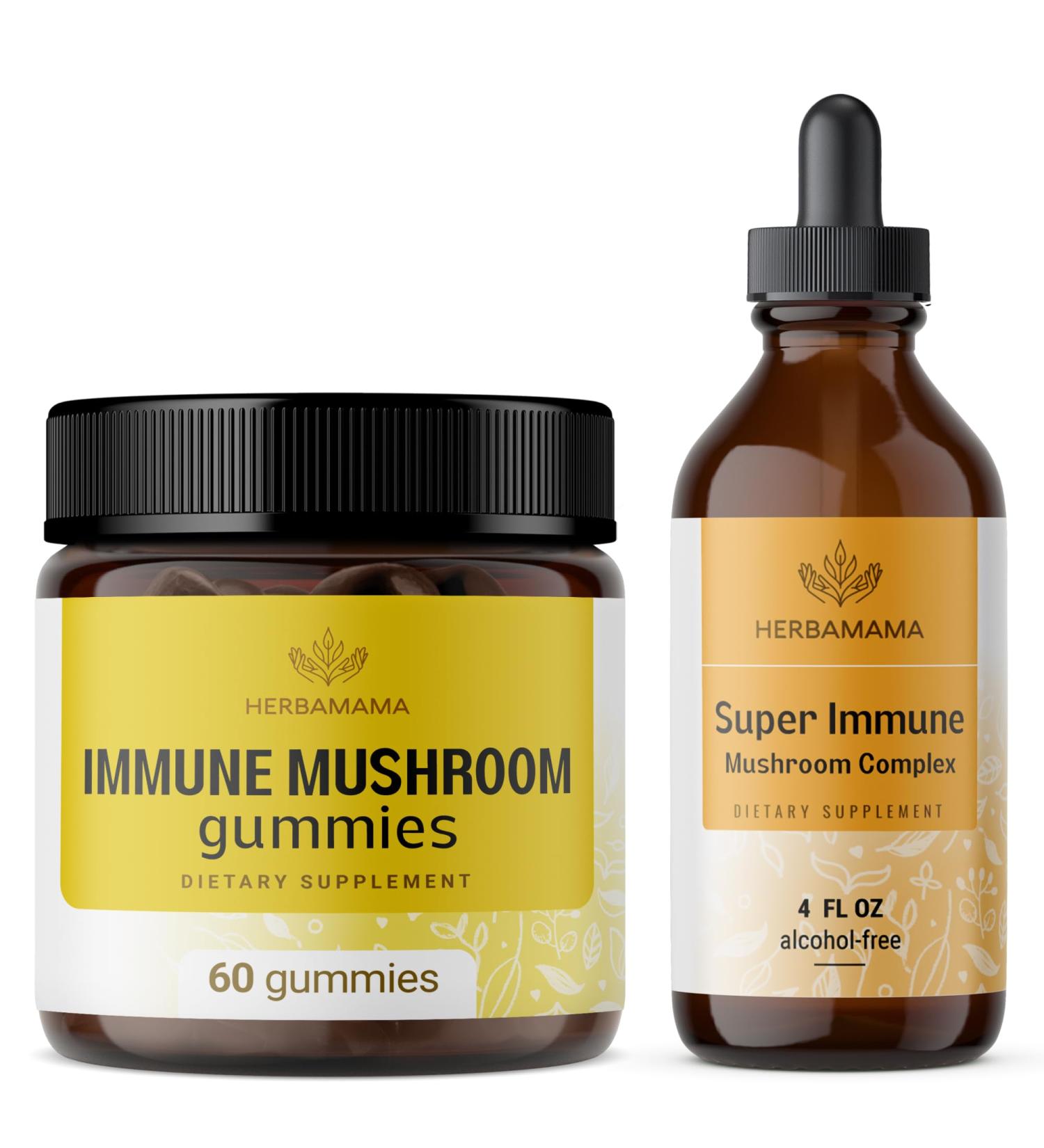 HERBAMAMA Bundle of Immune Support Mushroom Gummies and Super Immune Mushroom Tincture 4 fl oz - Vegan Non-GMO Sugar & Alcohol-Free - 2 Pack - Buy Online on GoSupps.com