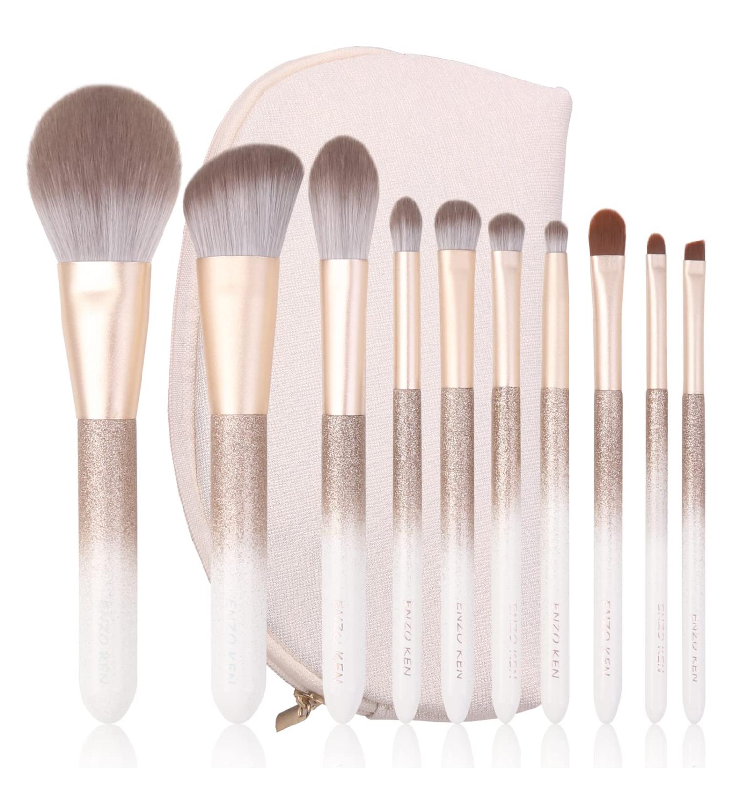 ENZO KEN Deluxe Natural Fox Hair Makeup Brush Set - Extra Soft Brushes for Face and Eye Makeup - Professional Beauty Brushes Set with Case - Gold and Pearls White Design - Buy Online on GoSupps.com