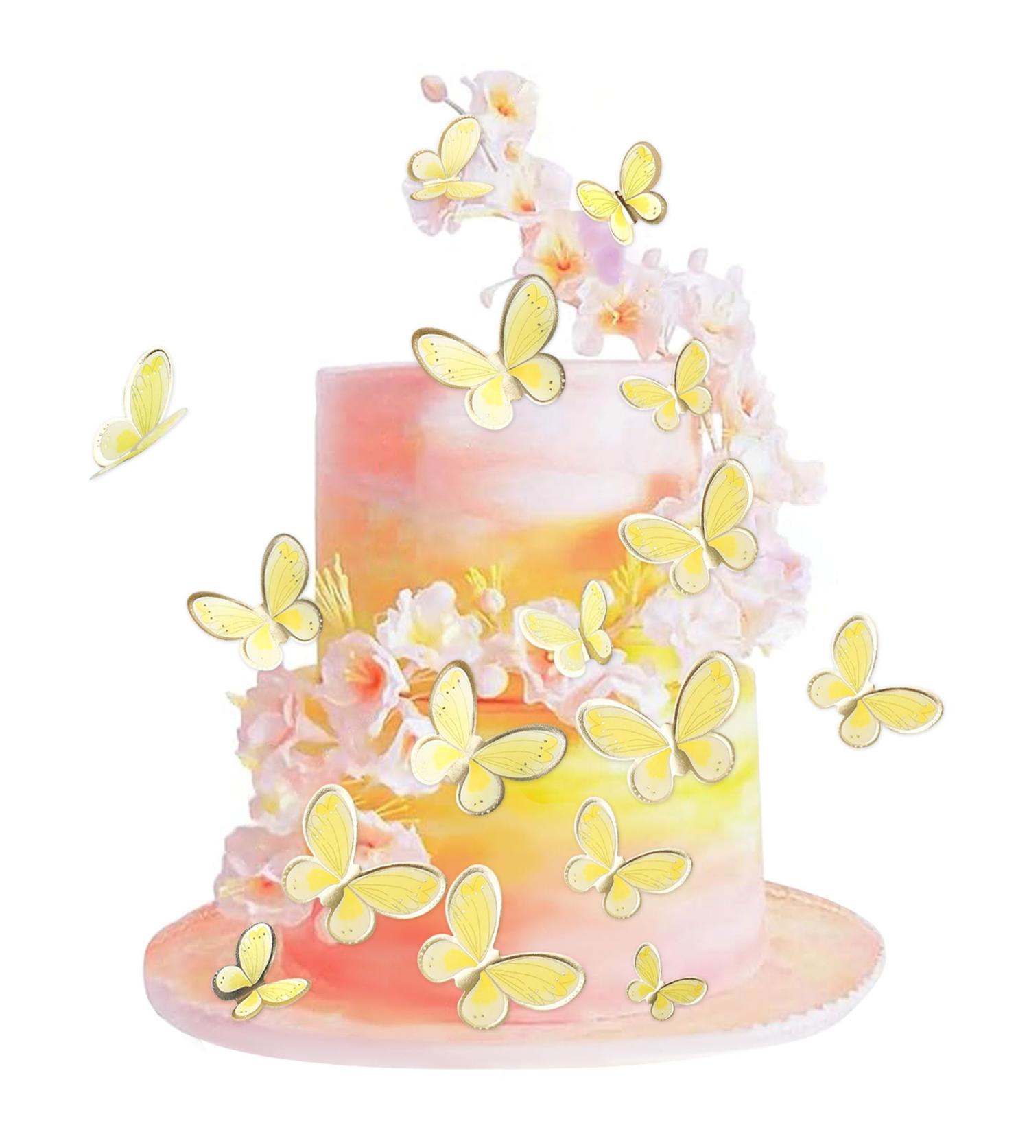 Cyodoos 30pcs Yellow Gold Edge Mixed Size Lively 3D Waterproof Butterfly Cupcake Topper for Girls Women's Happy Birthday Wedding Party Cake Wall Party Food Decorations - Buy Online on GoSupps.com
