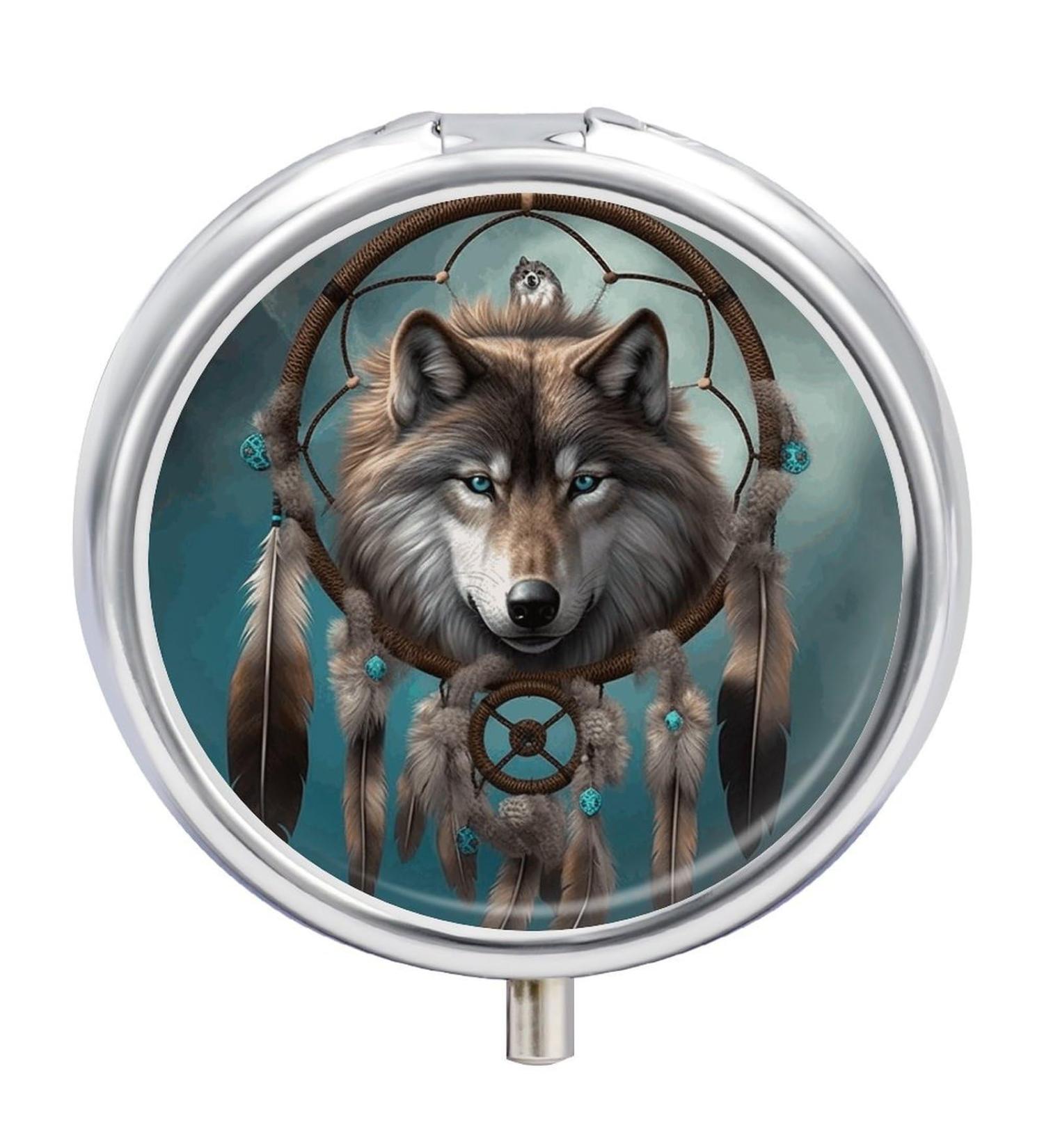 3D Wolf Dream Catcher Round Pill Box - Portable 3 Compartment Medicine Organizer | Decorative Metal Pocket Pill Case - Buy Online on GoSupps.com