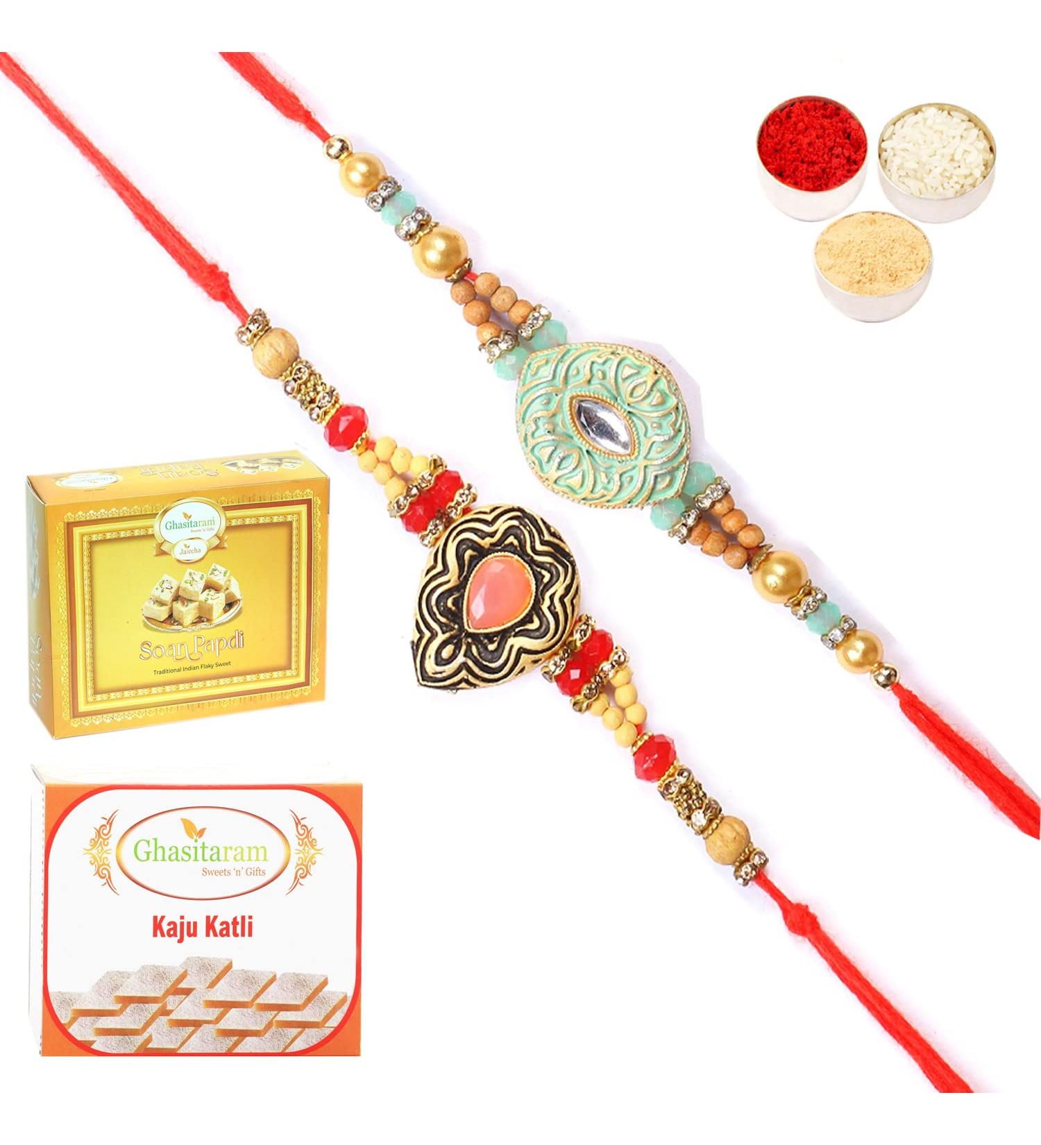 Ghasitaram Gifts Rakhi for Brother Rakhis Online - Set of 2 8469 8487 Premium Rakhis with 200 GMS of Kaju katli and 200 GMS of Soan Papdi - Buy Online on GoSupps.com