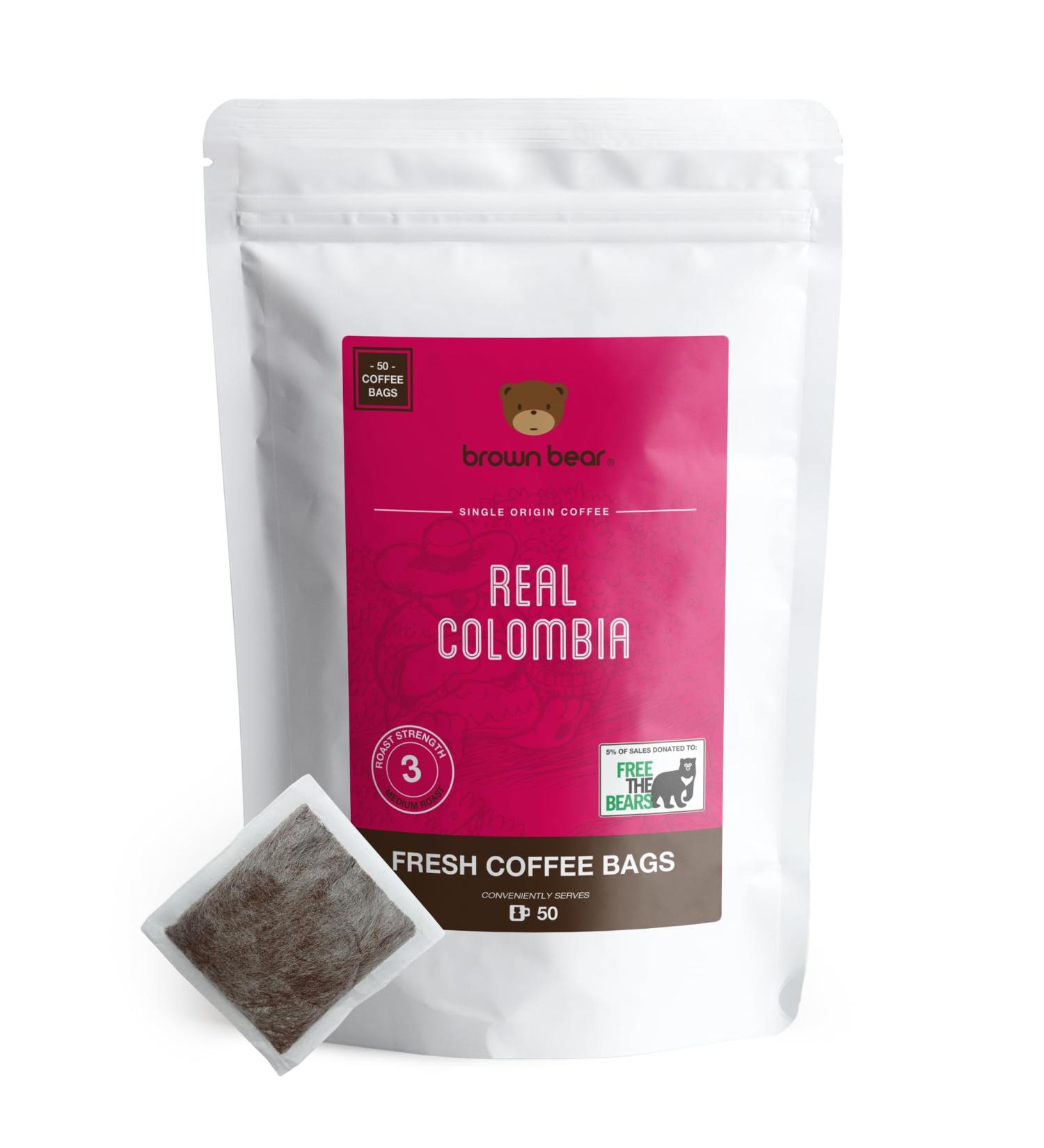 Brown Bear Real Colombia Medium Roast Coffee Bags - 50 Count - Hazelnut Flavor - Strength 3 - Supports Free The Bears - Individual Arabica Coffee Bags - Buy Online on GoSupps.com