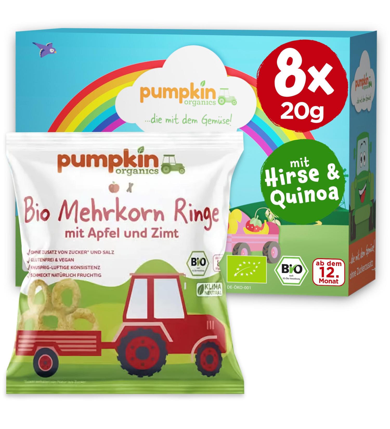 Pumpkin Organics Children's Snack Bio Multi -grain Rings Apple and cinnamon (8 -pack) Baby snacks without additives from the 8th month - allergen -free and gluten -free crispy snacks for children (8x20g) Bio multiple grain rings apple & cinnamon