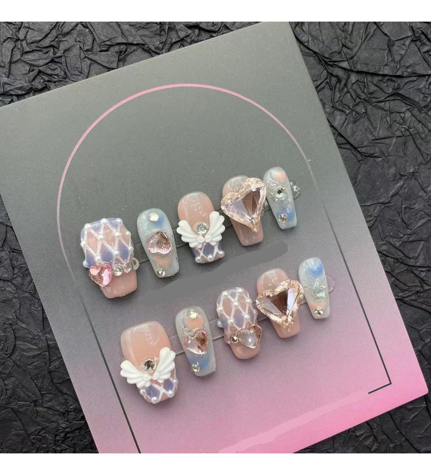 Handmade Nail Wearing and Real Shot Angel Wings Nail Patch Detachable and Reusable (Size : XS)