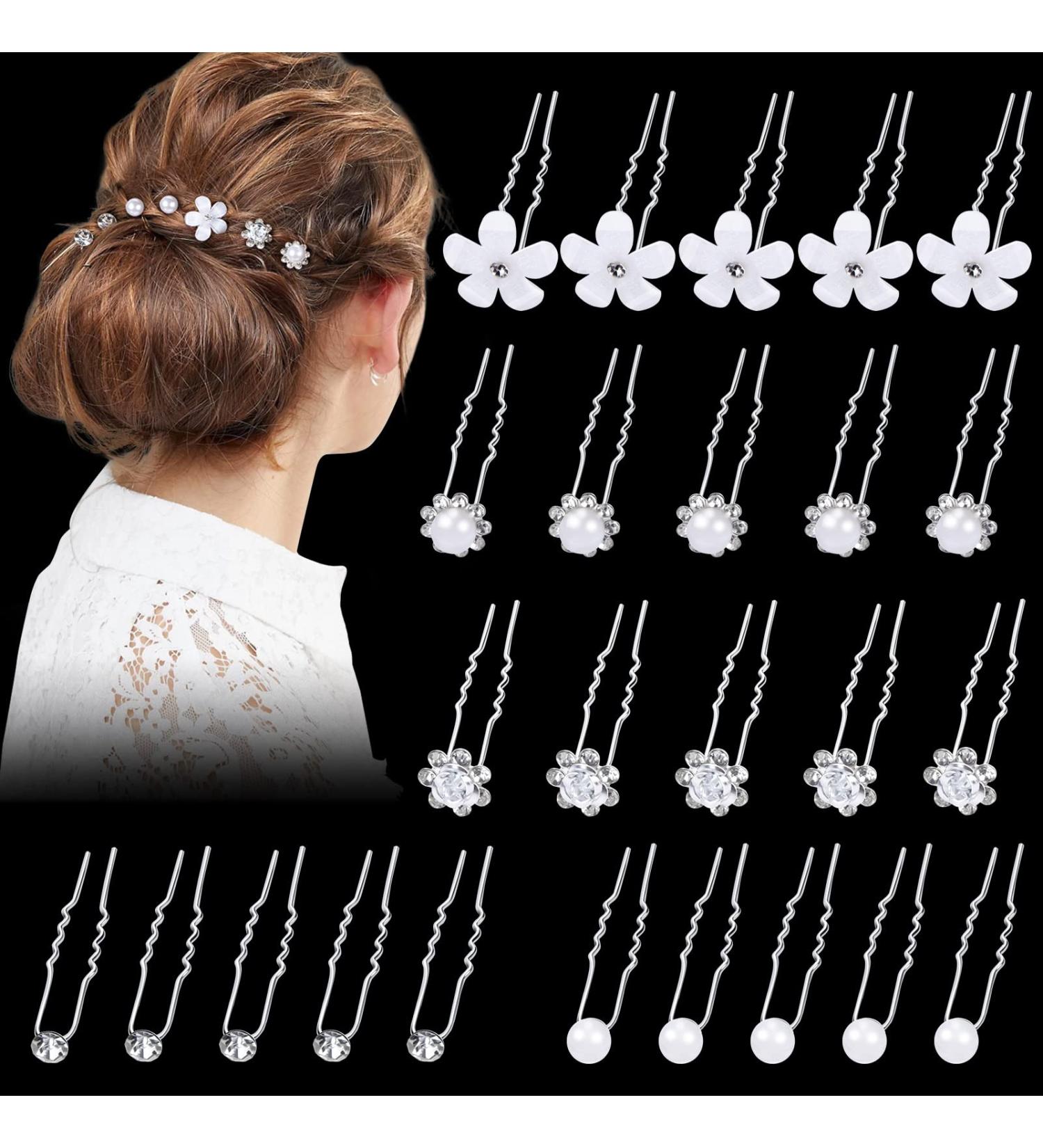 25 Wedding Hairpins - Bridal Jewelry U-Shaped Rhinestone Hair Clips with Pearls & Flowers for Brides & Girls - International Shipping - Buy Online on GoSupps.com