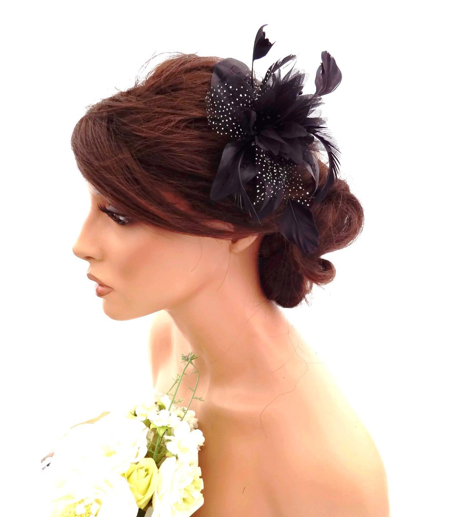Feather and Flower Hair comb slide Fascinator with Glittery Spotty net Bridal Wedding Races Prom (Black) by Inca - Buy Online on GoSupps.com