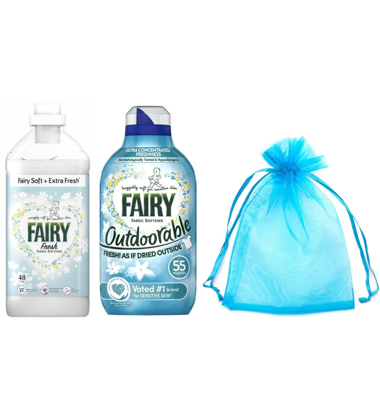 Fairy Fresh Fabric Conditioner Huggably Soft for Sensitive Skin 48 Washes 1.68L + Fairy Outdoorable Non Bio Fabric Conditioner 55 Washes 770ml + Our Gift for You: Organza Bag Size 9x7x0.1cm - Buy Online on GoSupps.com