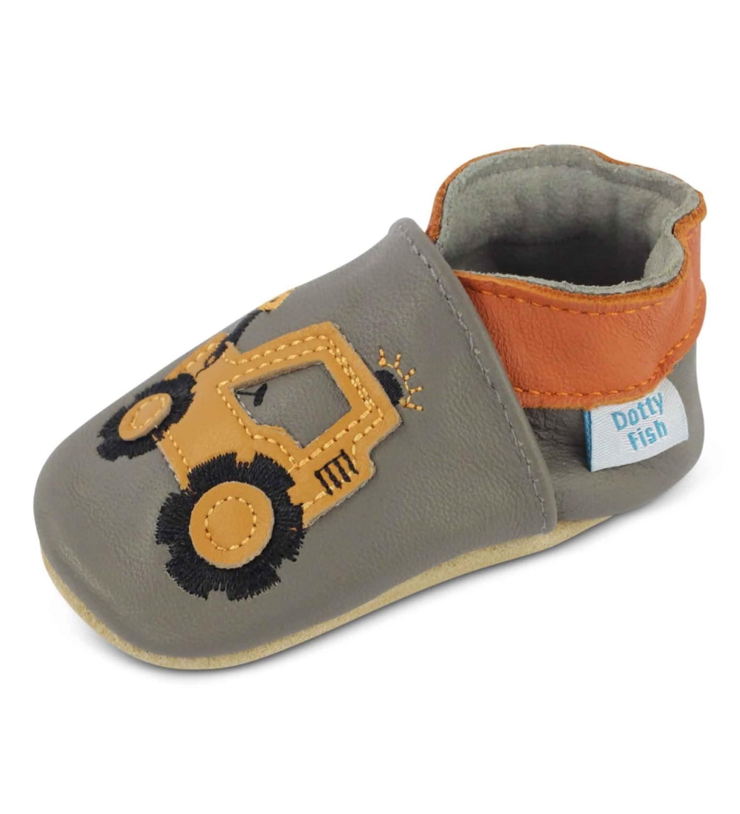 Dotty Fish Soft Leather Baby Shoes | Toddler Boys' Shoes with Non-Slip Suede Soles | Yellow Digger Design | 0-6 Months to 4-5 Years - Buy Online on GoSupps.com