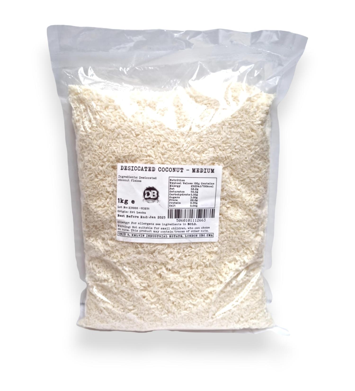 Desiccated Coconut (Medium) - 1kg | GMO FREE Coconut Fibre | Unsweetened Coconut Flakes | Shredded Dehydrated Coconut Flake | Perfect For Coconut Oil Coconut Milk Coconut Water Lovers - Buy Online on GoSupps.com