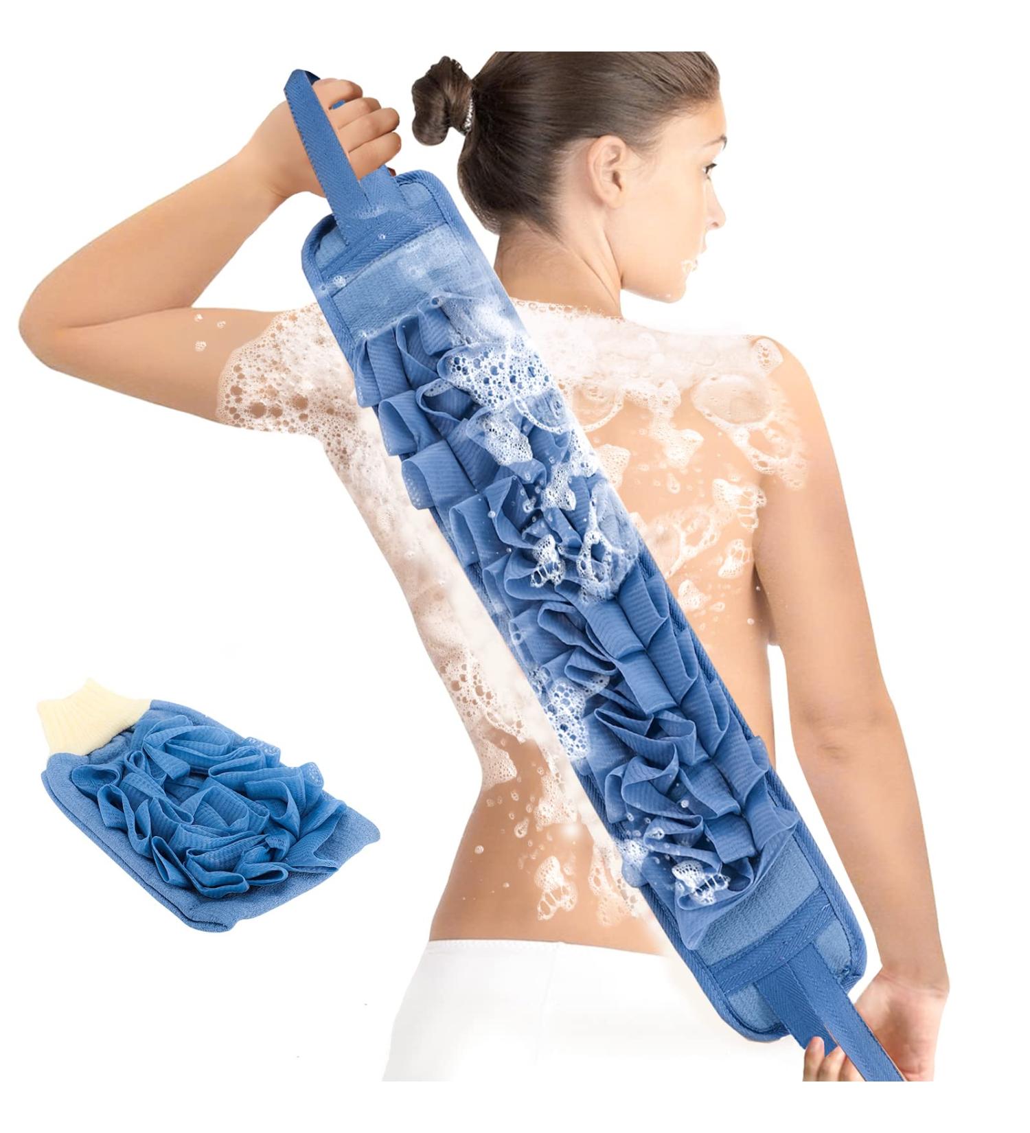 Soft Exfoliating Back and Body Scrubber Shower - Durable Bath Gloves with Loofah Surface - Easy Clean and Dry - Light Blue - Buy Online on GoSupps.com