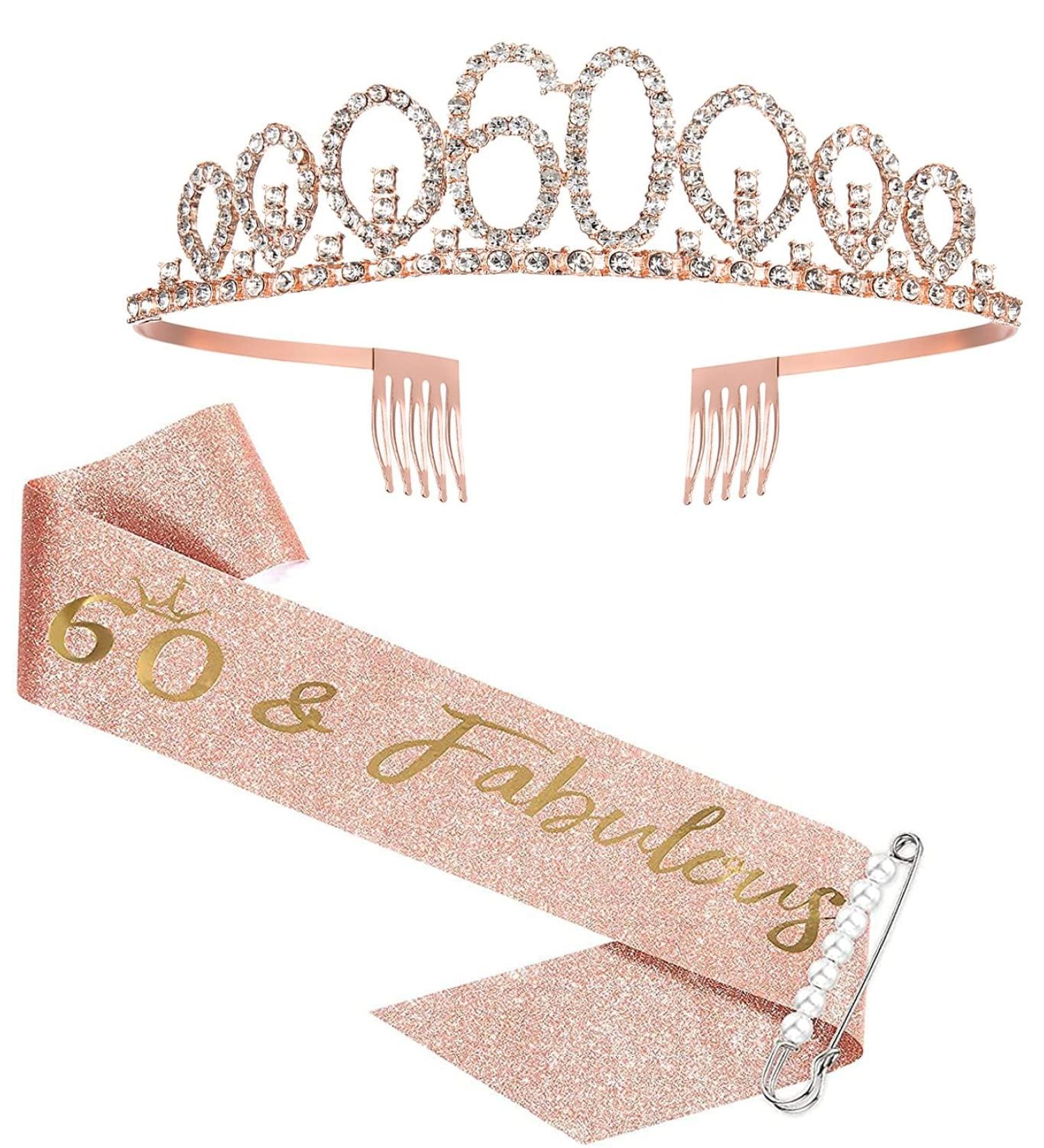 60th Birthday Sash and Tiara Set Rose Gold Birthday Sash Crown Birthday Party Favors Supplies for Girls Birthday Party