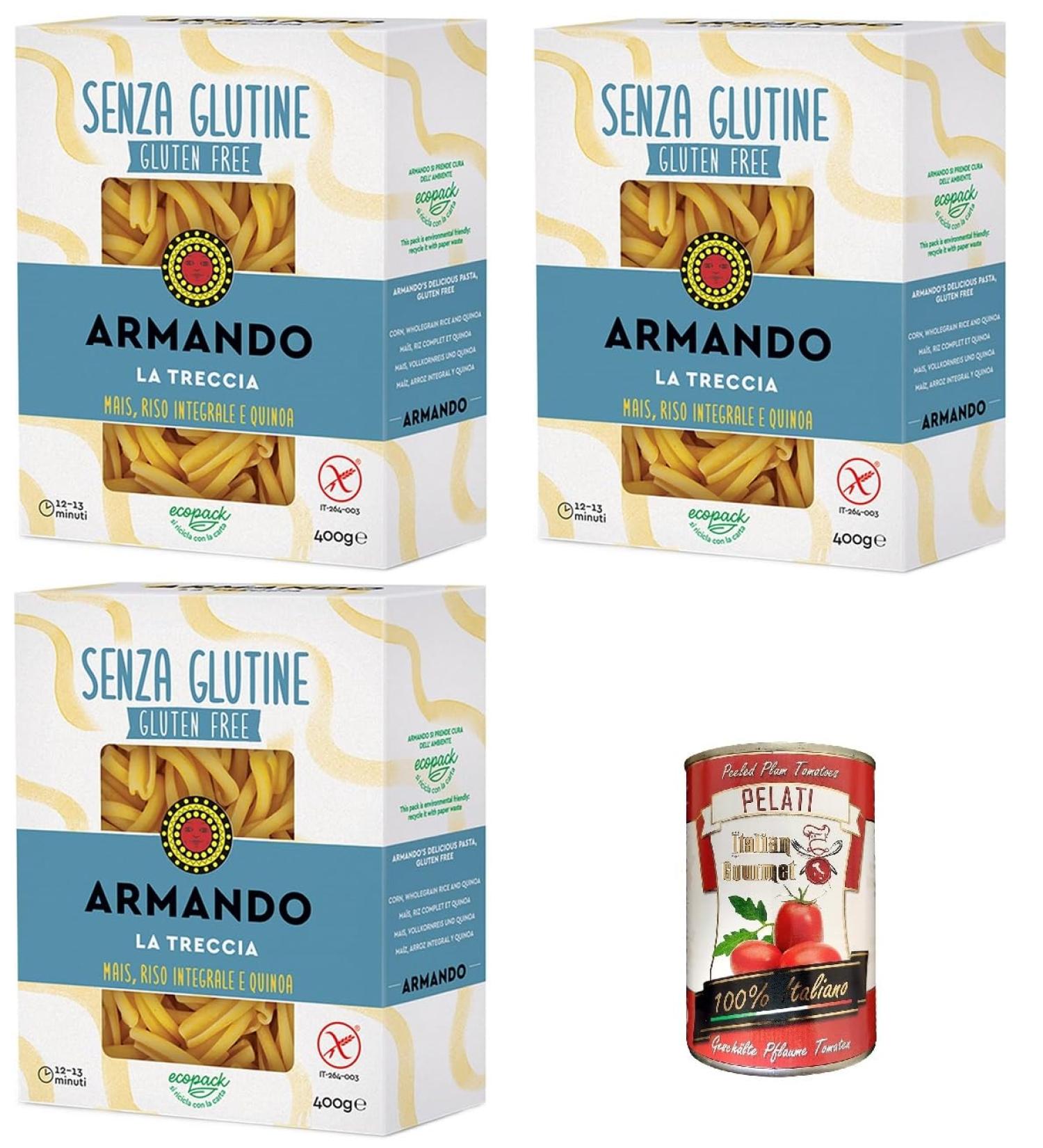  Italian Gourmet E.R. Armando La Treccia Gluten Free Multi-Grain Noodles with Corn Brown Rice and Quinoa 400g + Italian Gourmet Pelati 400g - Buy Online on GoSupps.com