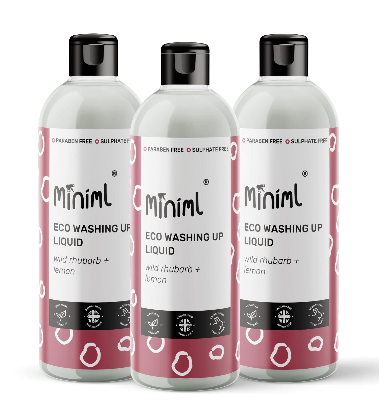 Miniml Eco Washing Up Liquid 3 x 500ml - Rhubarb Scented Non Bio & Skin Sensitive Friendly Dish Wash Cleaner that's Plant Based Vegan & Cruelty Free - Natural Cleaning Products (150 Washes) - Buy Online on GoSupps.com