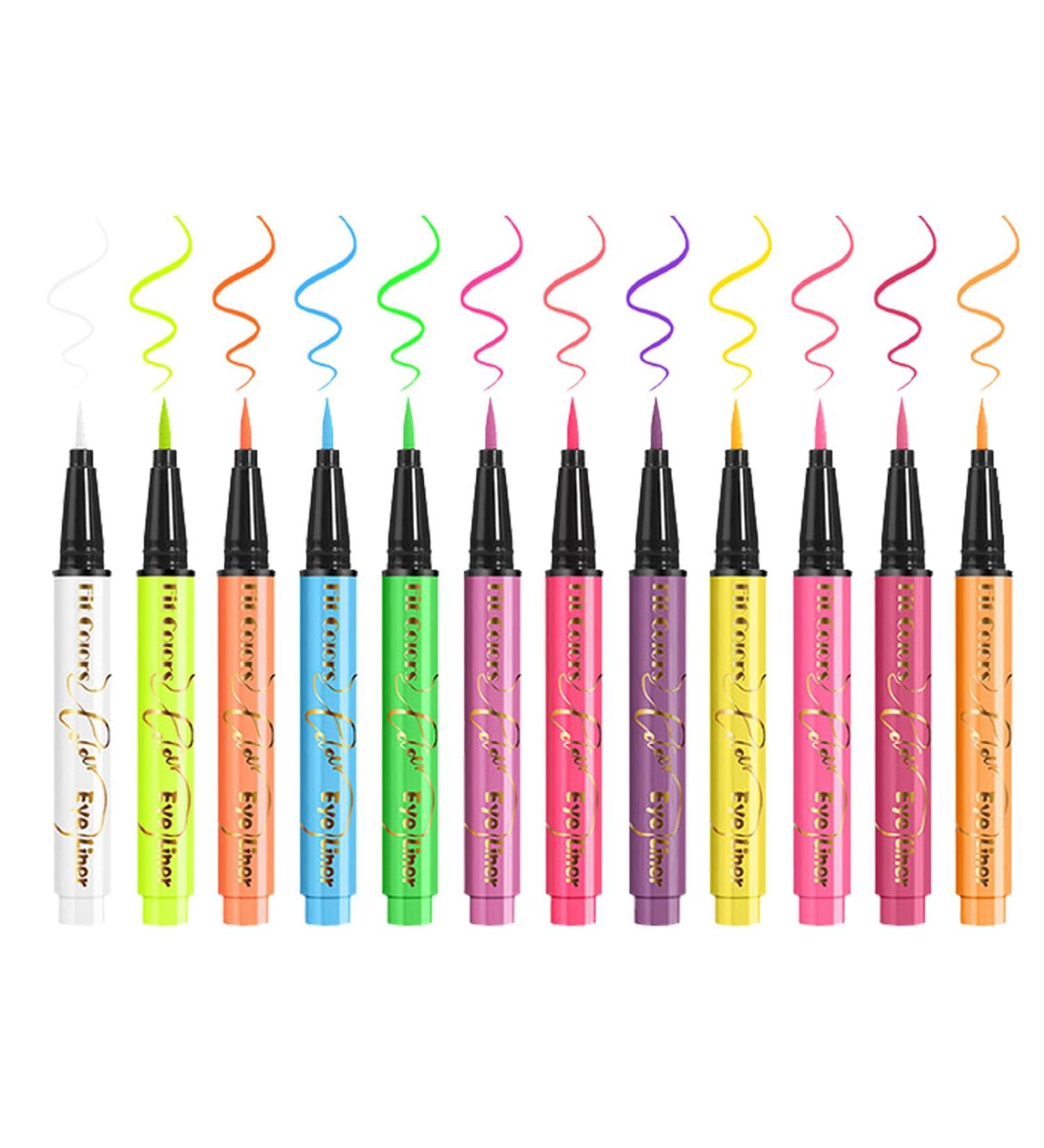 Colored liquid eyeliner waterproof eyeliner long-lasting colored glitter eyeliner | Long-lasting pigmented graphic liners UV neon liquid eye liner set (12 colors) - Buy Online on GoSupps.com