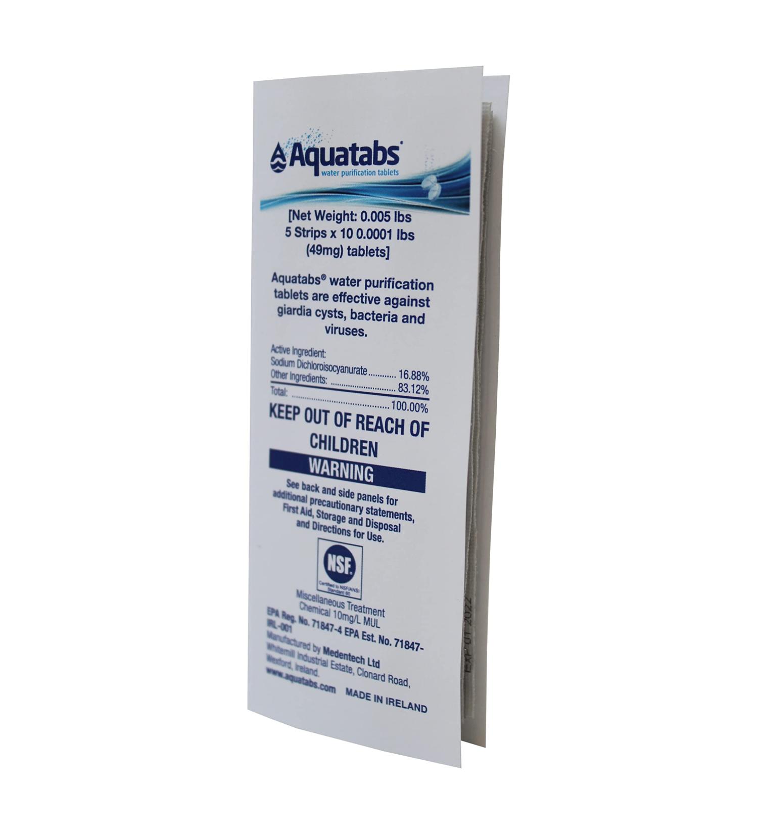 Aquatabs Water Purification Tablets | 50 Tablets | For Hiking, Backpacking, Camping, Emergencies, Survival, and Home-Use | Easy to Use Water Treatment and Disinfection - Buy Online on GoSupps.com