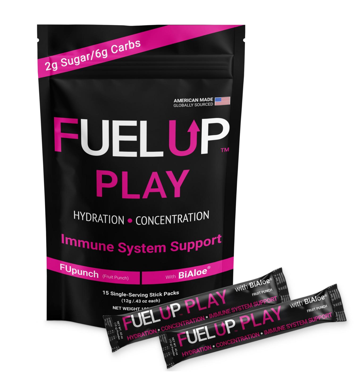 Fuel Up Play Electrolyte Powder with BiAloe | Hydration + Focus Formula | Sugar Free | 15 Single-Serve Stick Packs | Fruit Punch Fruit Punch 6.5 Ounce (Pack of 1)