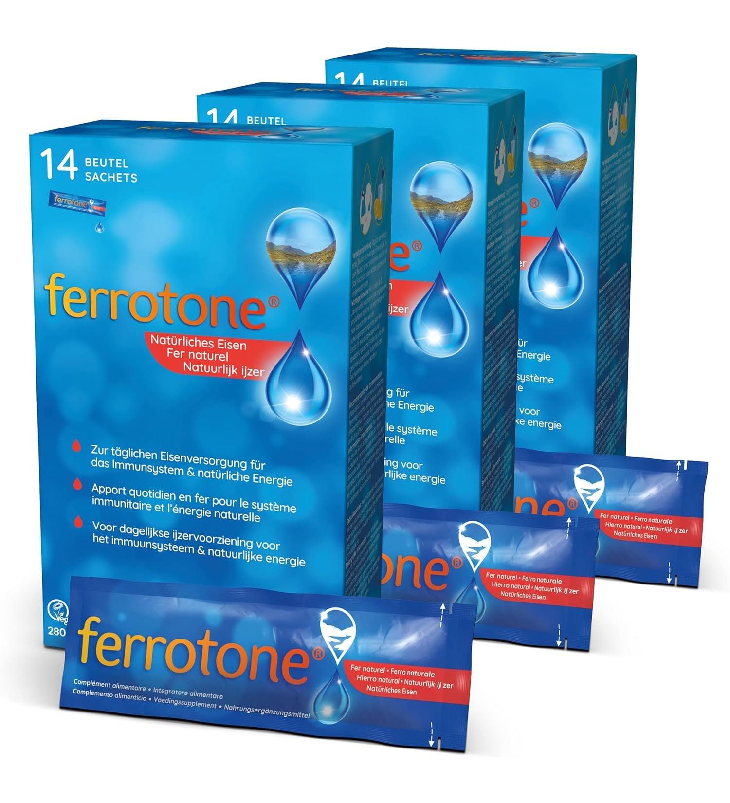 Benefit Set 3x Ferrotone: Natural Iron in Water Easy-to-Use Liquid Supplement 42 x 20ml Pack - Boost Your Health Internationally - Buy Online on GoSupps.com