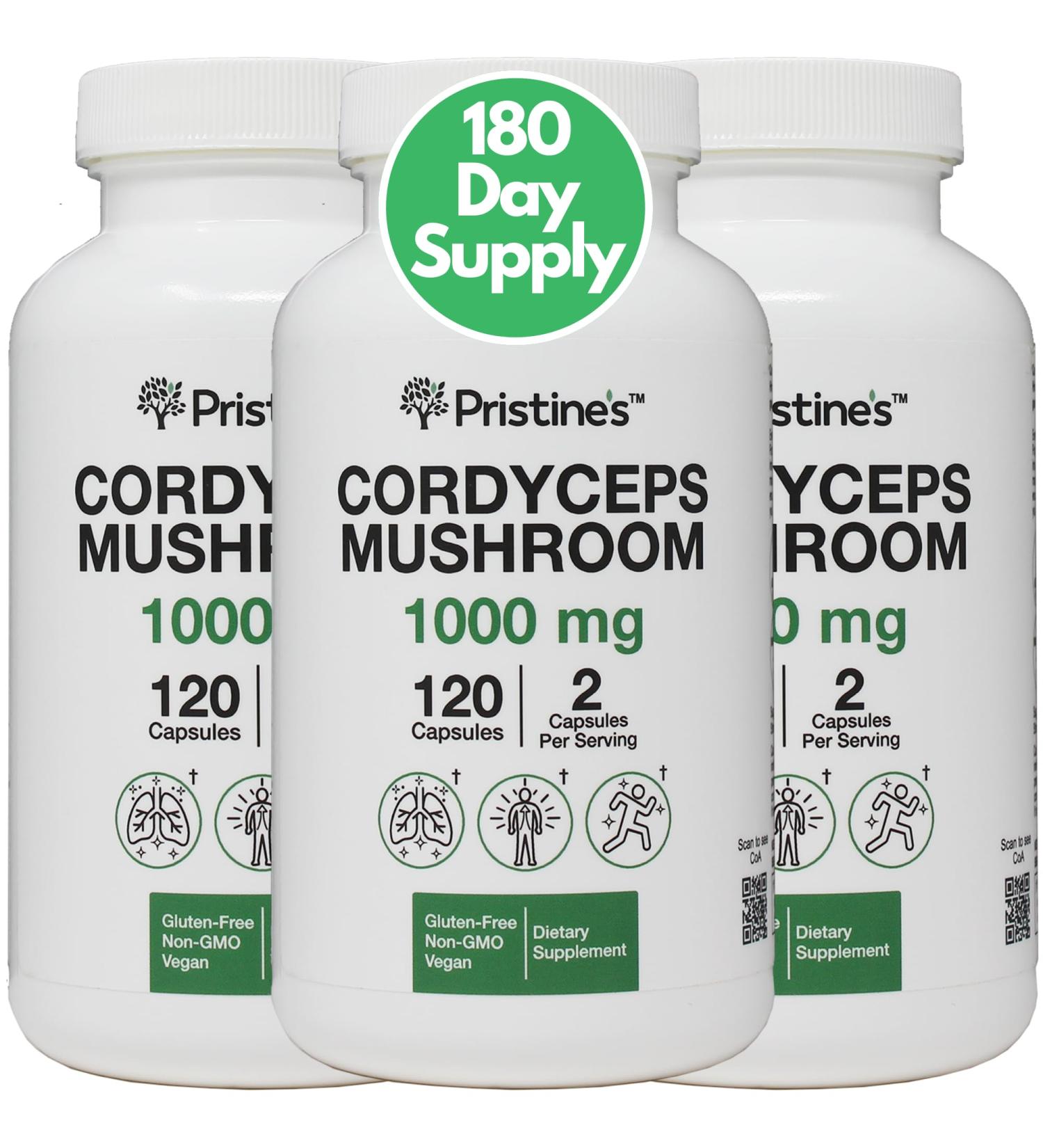 PRISTINE'S Cordyceps Mushroom (3 Pack) 1000 MG - Athletic Performance Endurance & Immunity Adaptogen Capsule Supplement - 180 Day Supply - Anti Aging Support Antioxidant - Buy Online on GoSupps.com