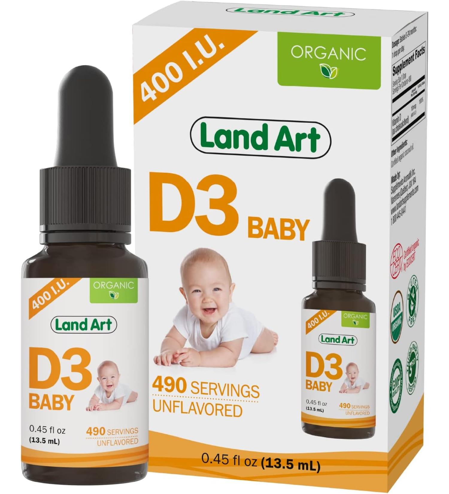 Land Art Certified Organic Vitamin D3 Drops for Baby 400 IU per Drop Development and Maintenance of Bones and Teeth 490 Servings - 0.45 Fl Oz - Buy Online on GoSupps.com