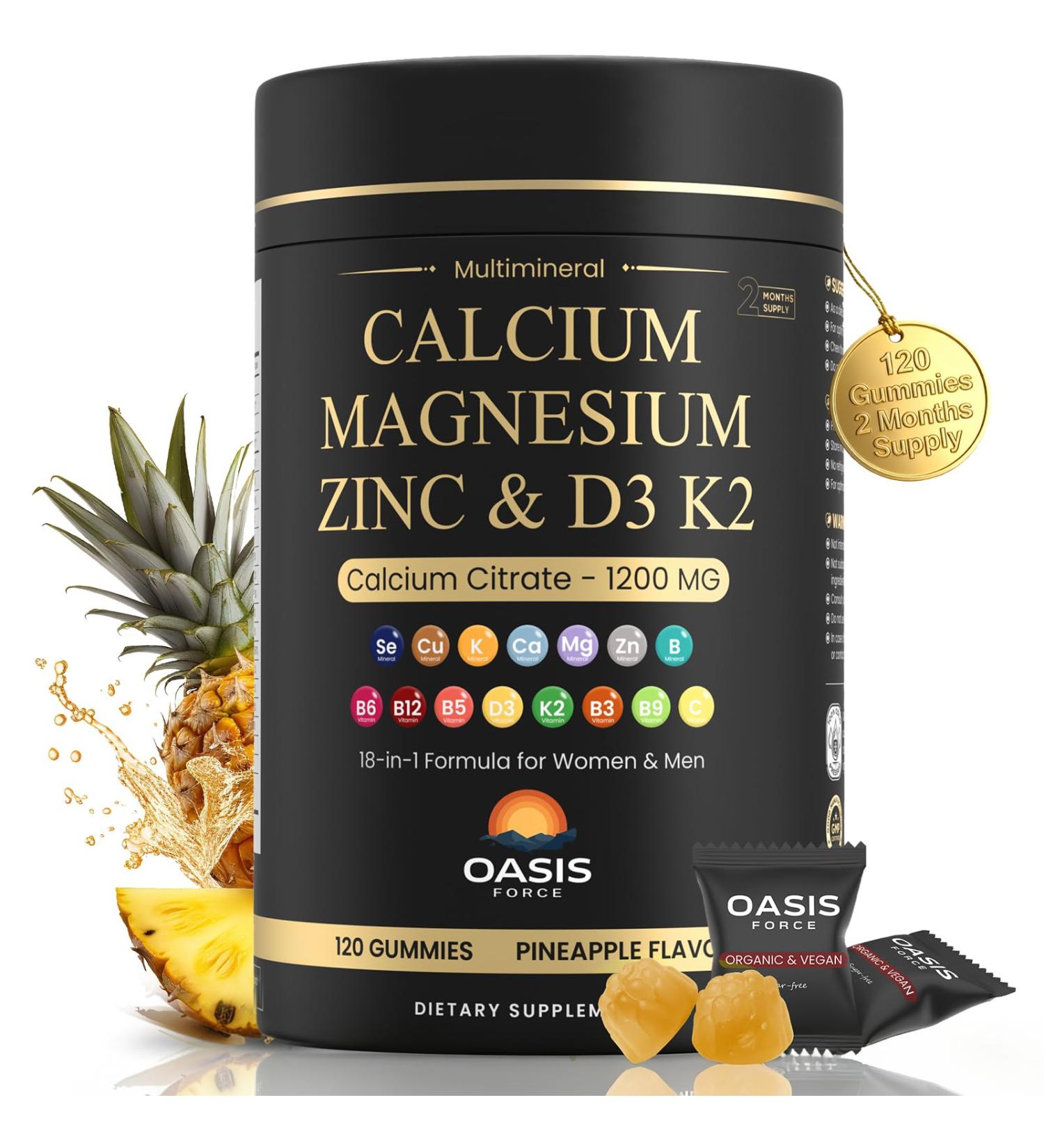 Calcium 1200 mg with Vitamin D3 Gummies Calcium Citrate Supplements for Women & Men with Magnesium Zinc Vitamin D3 & K2 Potassium Chews for Bone Strength & Muscle Support Sugar Free Vegan - Buy Online on GoSupps.com