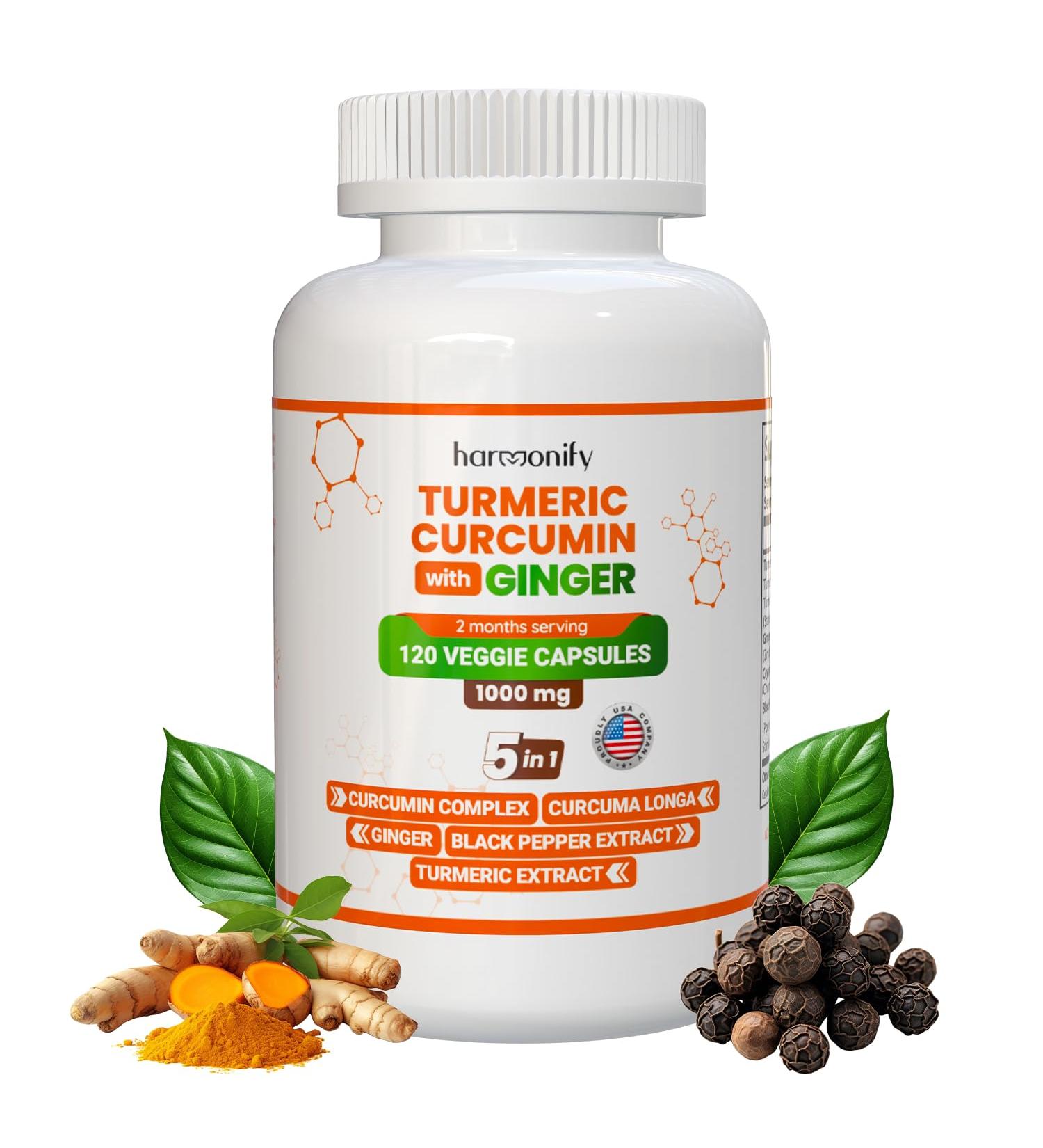 HARMONIFY Turmeric Curcumin Supplement with Ginger, Ceylon Cinnamon and Black Pepper Complex 5 in 1 Formula, Curcuma Longa, Max Absorption, 1000 mg, 120 Herbal Extract Capsules - Buy Online on GoSupps.com
